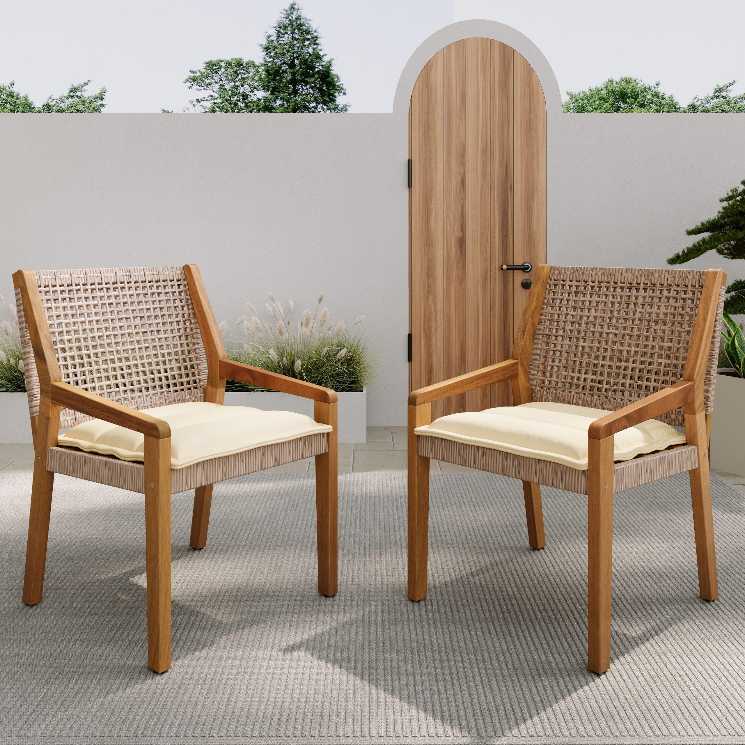OUTDOOR DINING CHAIR SET-Acacia Wood and Wicker with Cream Cushion Patio Furniture-Teak finish & wicke Brown ,Suitable for large gatherings-set of 6(N770P272397G(3-box)) - Image 5