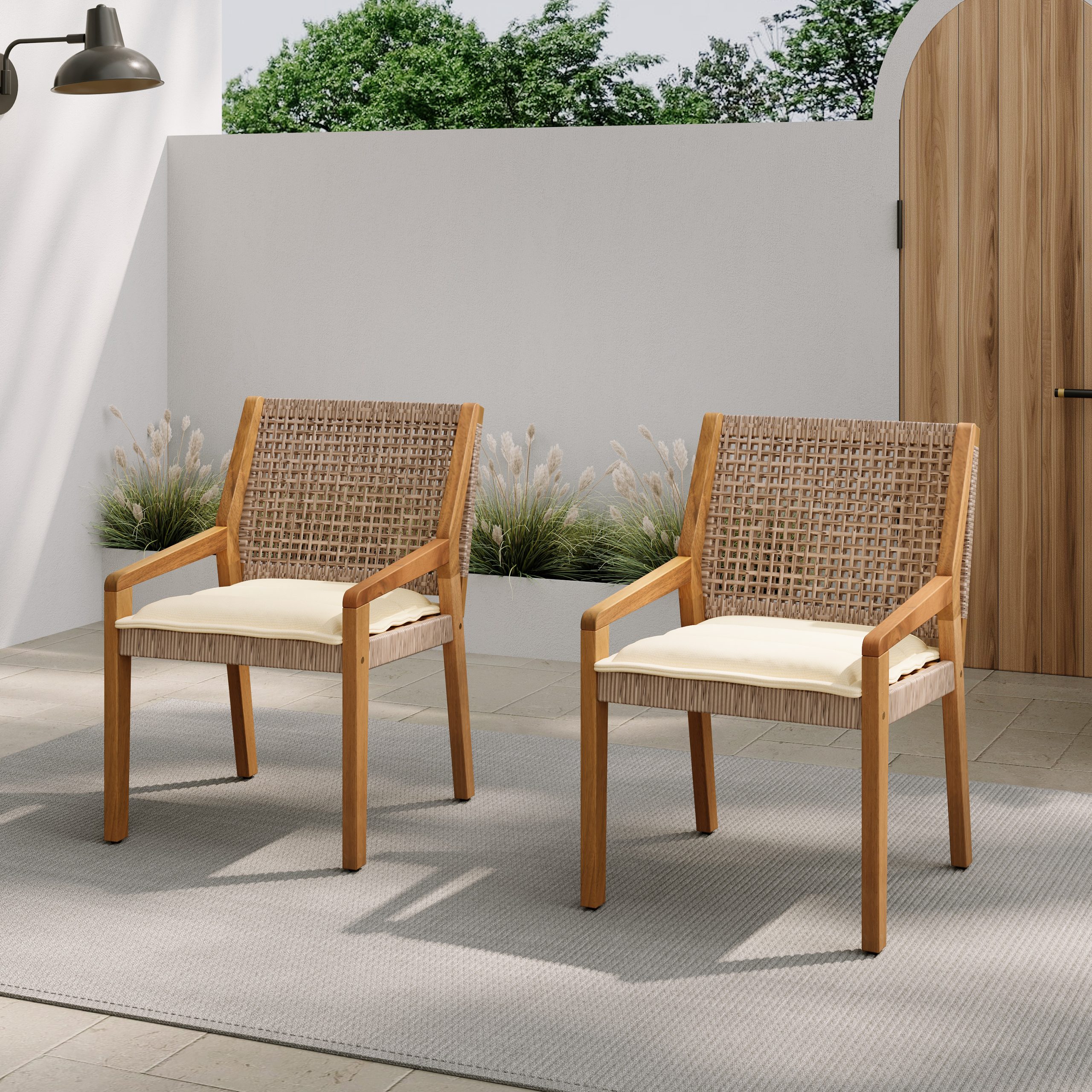 OUTDOOR DINING CHAIR SET-Acacia Wood and Wicker with Cream Cushion Patio Furniture-Teak finish & wicke Brown ,Suitable for large gatherings-set of 6(N770P272397G(3-box)) - Image 6