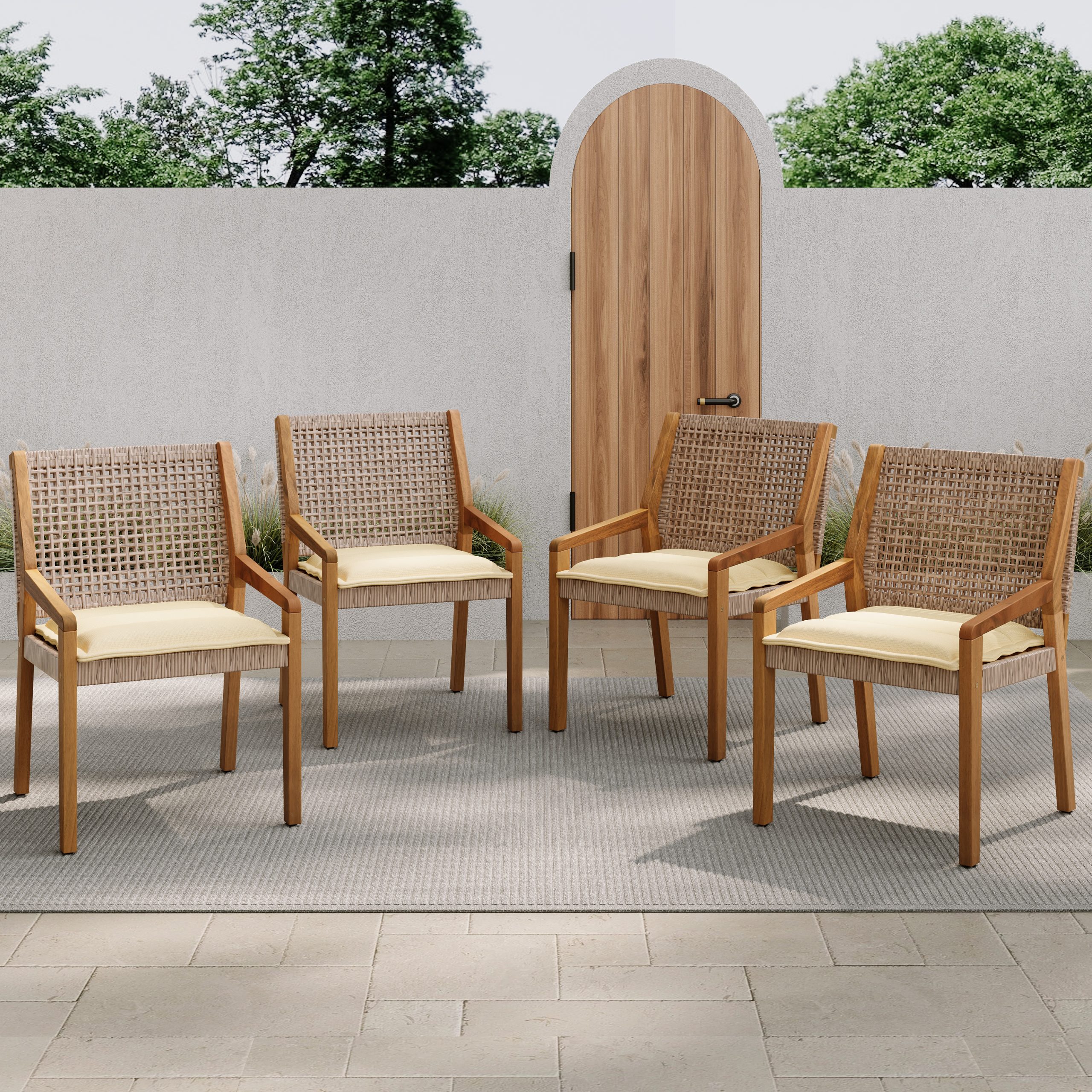 Outdoor Dining Set – Premium Acacia Wood Hermosa Table & Wicker Chairs with Cream Cushion for Comfortable Dining Experience,Suitable for large gatherings(1 Table + 4 Chairs) - Image 6