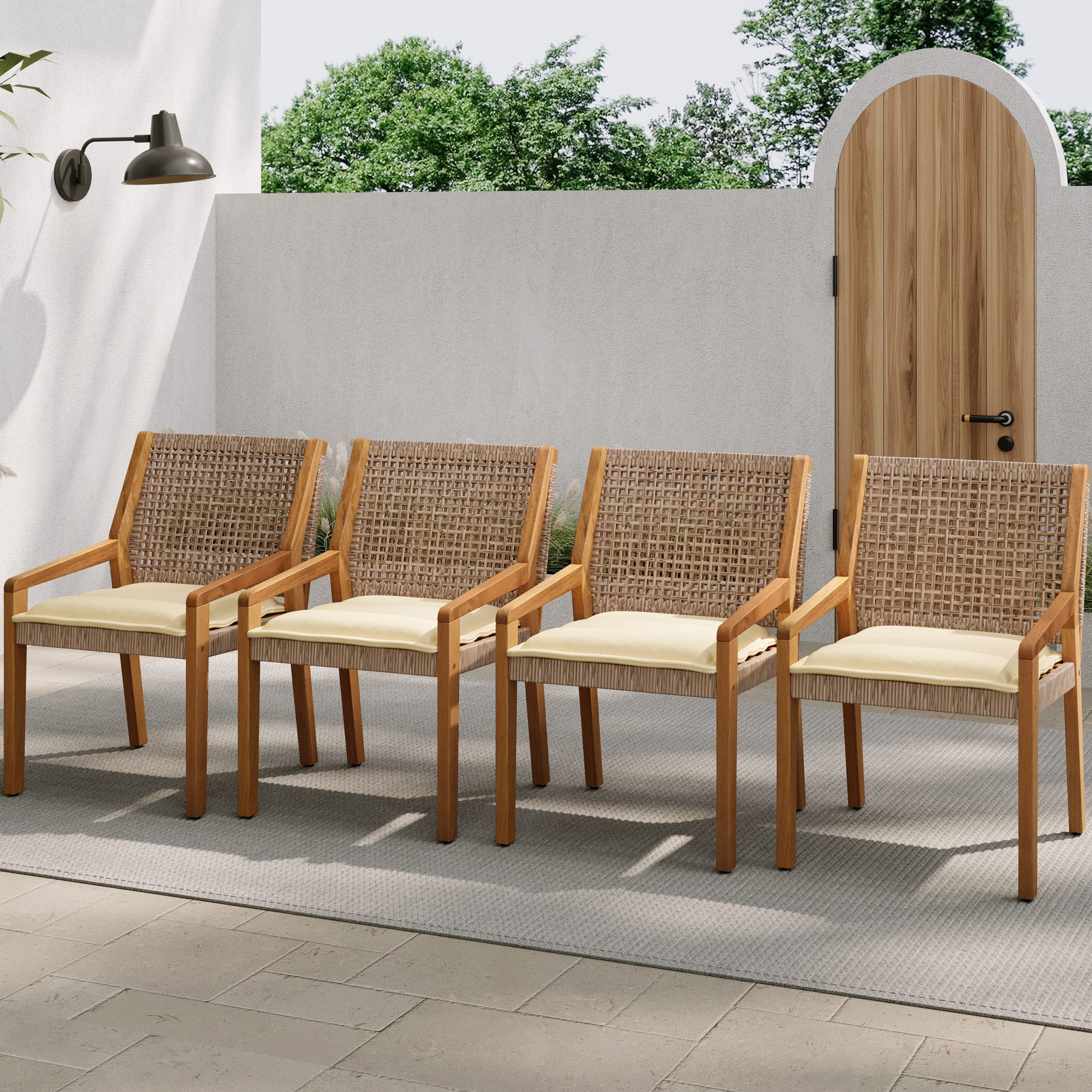 Outdoor Dining Set – Premium Acacia Wood Stamford Table & Wicker Chairs with Cream Cushion for Comfortable Dining Experience,Suitable for large gatherings(1 Table + 4 Chairs) - Image 6