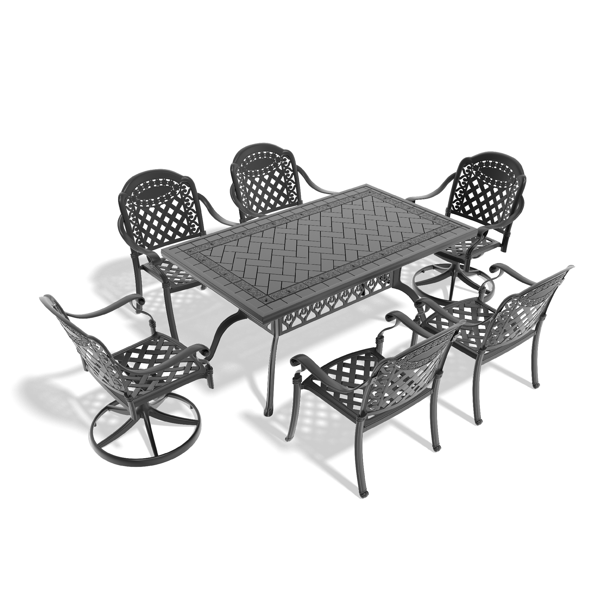 7-Piece All-Weather Cast Aluminum Dining Set, Include 2 Swivel Chairs,4 Dining Chairs and Rectangular Table With Black Frame - Image 3
