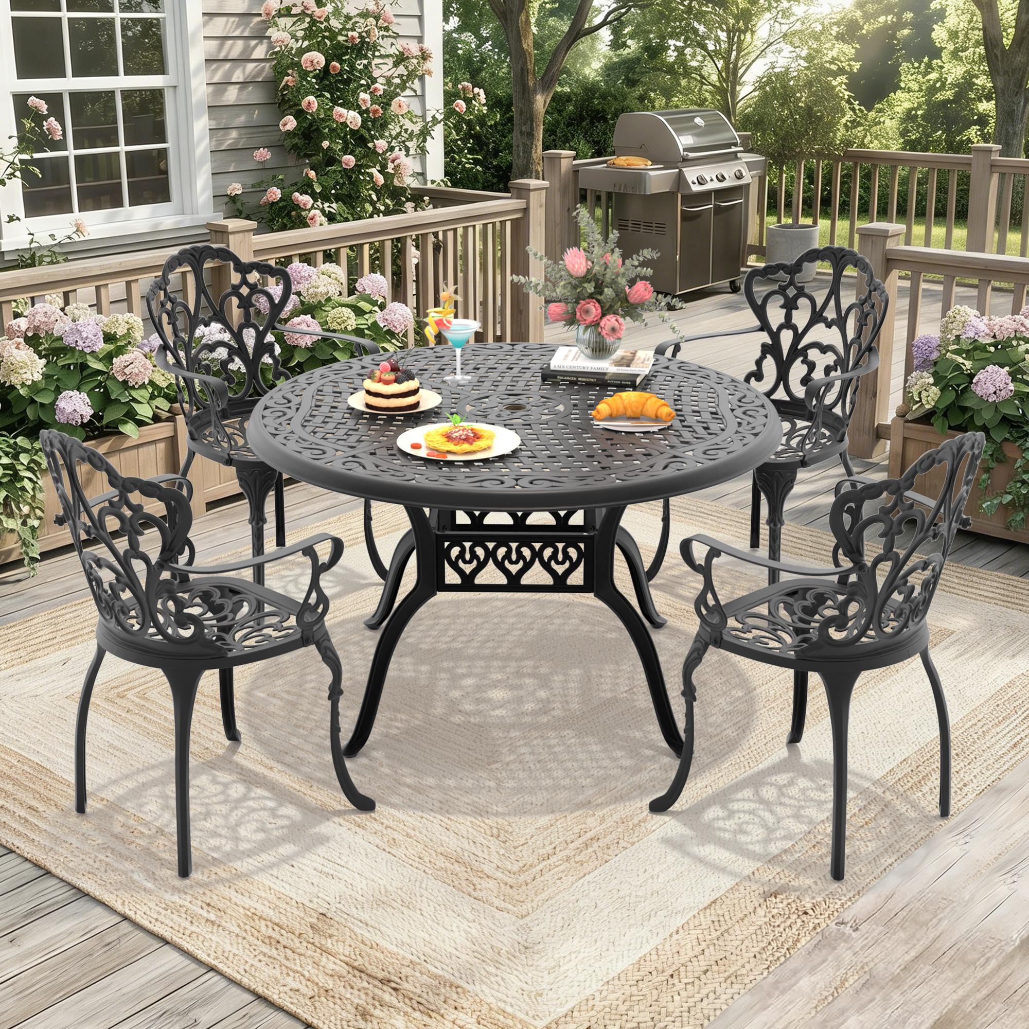 5-Piece Set Of Cast Aluminum Patio Furniture With Black Frame and Off-white Seat Cushions(same sku: W1710S00143) - Image 2