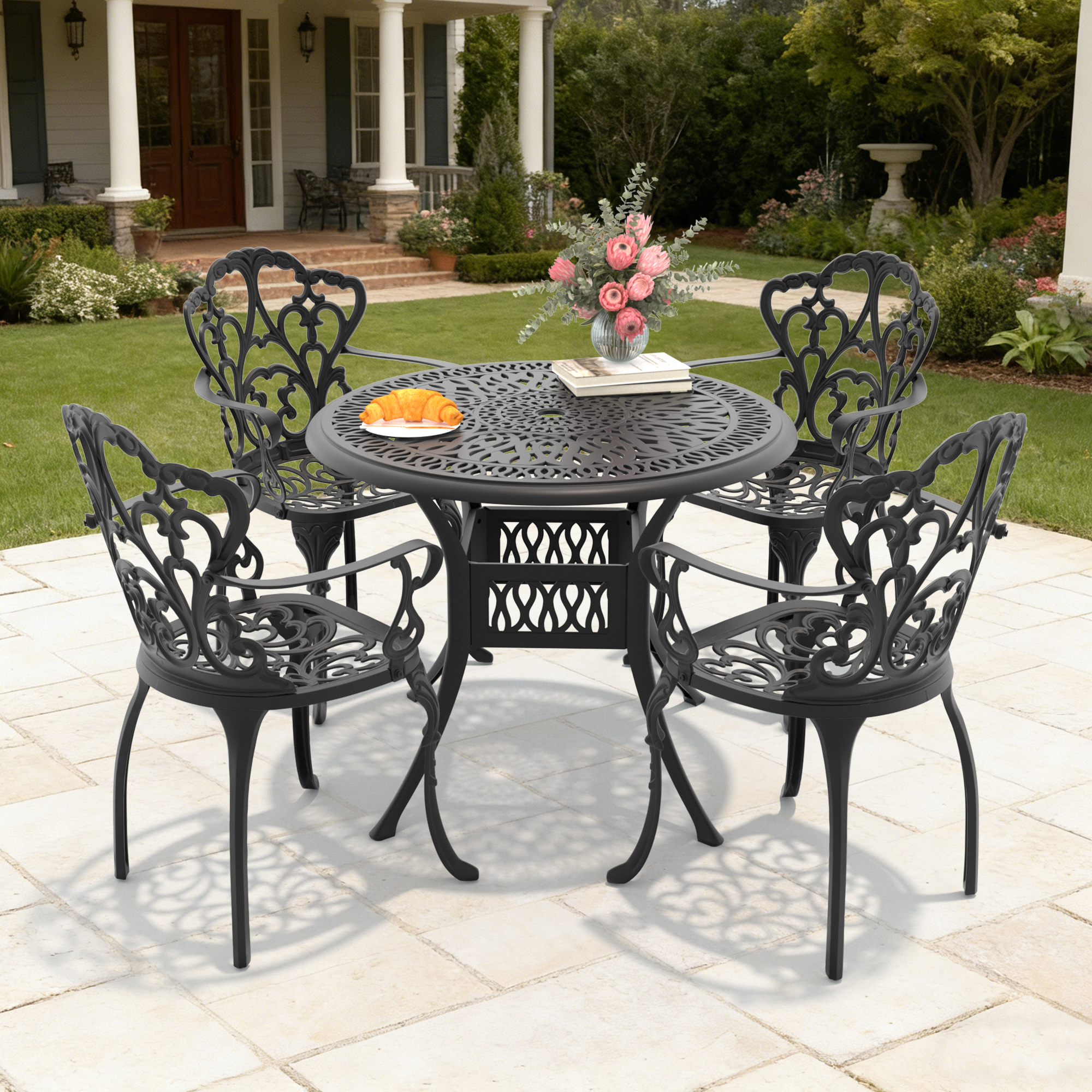 5-Piece Set Of Cast Aluminum Patio Furniture With Black Frame and Off-white Seat Cushions(same sku: W1710S00054) - Image 2