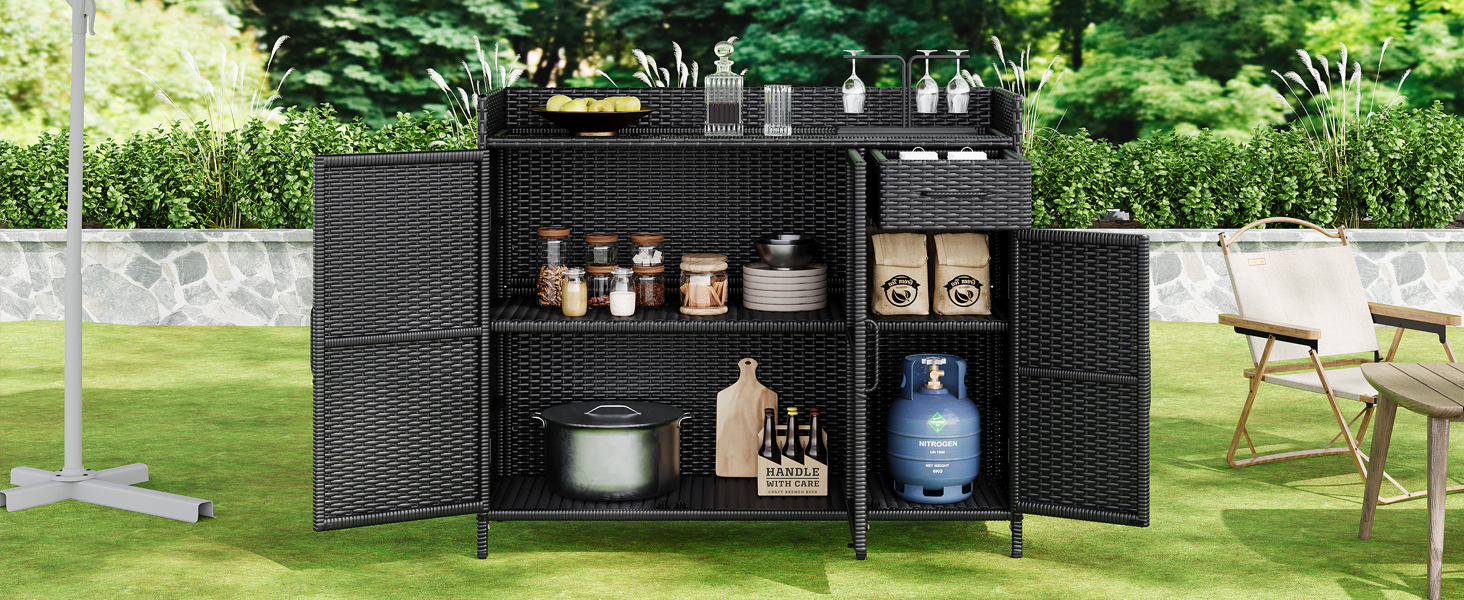 K&K 47.5"W Wicker Outdoor Storage Cabinet with Tempered Glass Desktop, Weather-proof Rattan Bar Table with Three Doors, Adjustable Shelf, and One Drawer, for Outdoor Cushions, Pool Toys , Black Brown - Image 6
