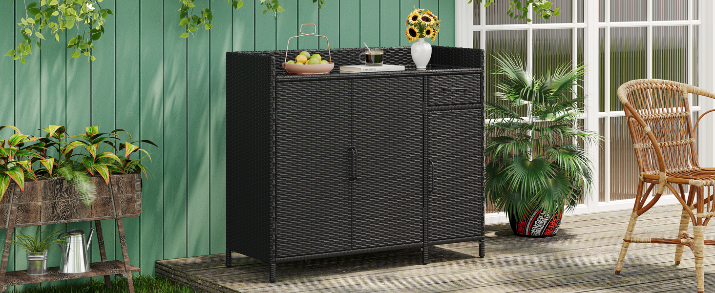 K&K 47.5"W Wicker Outdoor Storage Cabinet with Tempered Glass Desktop, Weather-proof Rattan Bar Table with Three Doors, Adjustable Shelf, and One Drawer, for Outdoor Cushions, Pool Toys , Black Brown - Image 5