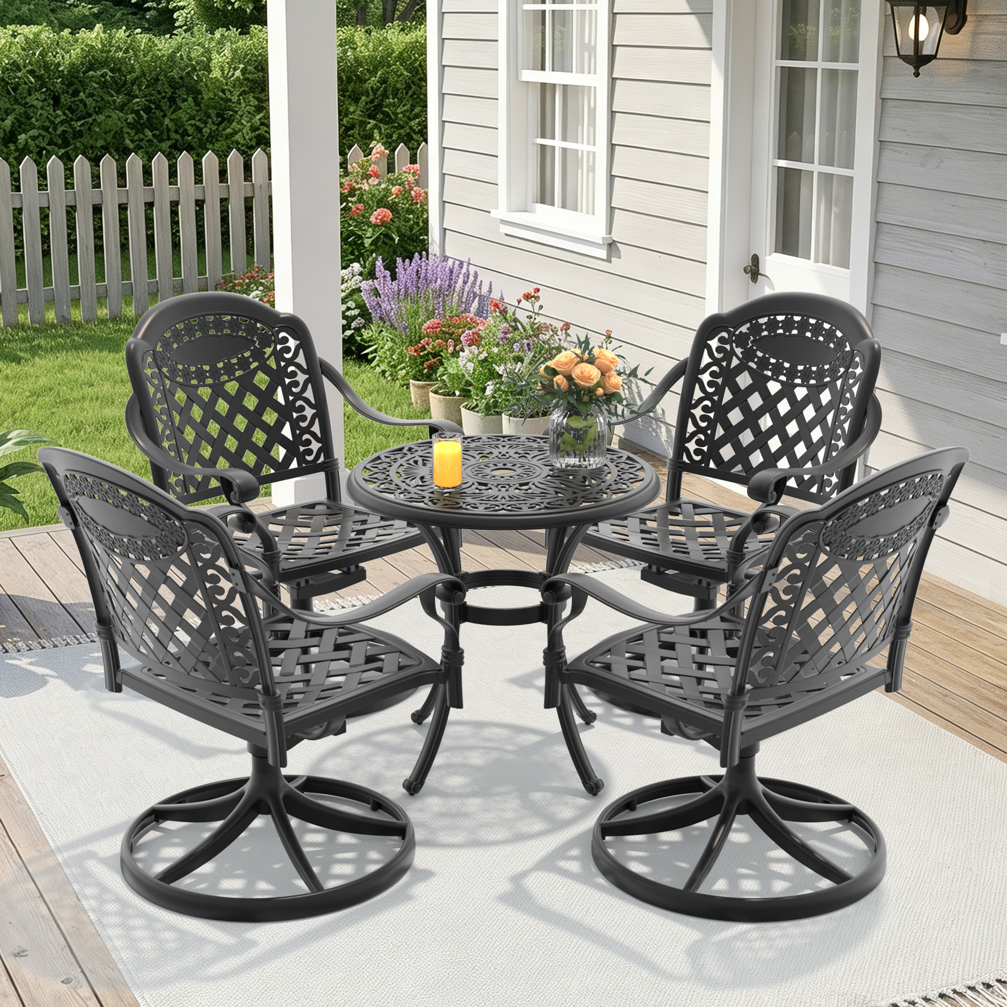 5-Piece All-Weather Cast Aluminum Dining Set, Include 4 Swivel Chairs and 26.77" Round Table With Black Frame - Image 2