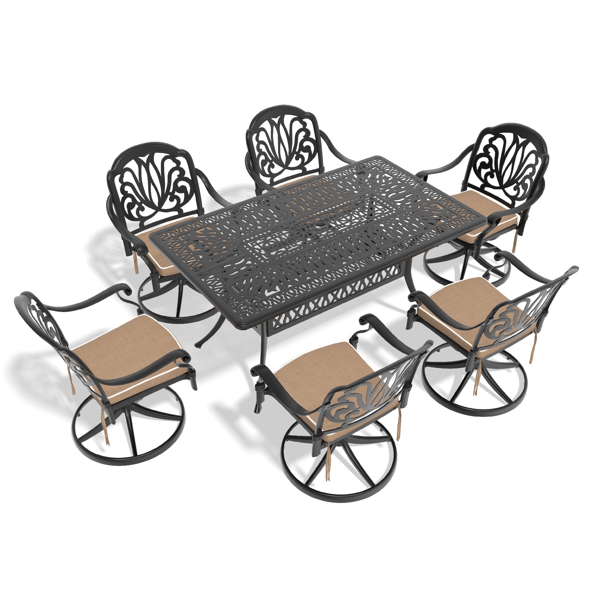 7-Piece All-Weather Cast Aluminum Dining Set, Include 6 Swivel Chairs and Rectangular Table With Black Frame (same sku:W1710S00280) - Image 2