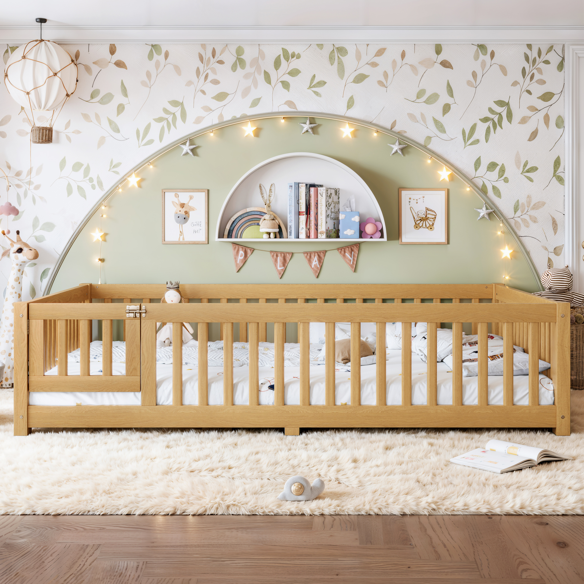 Queen Size Bed Floor Bed with Safety Guardrails and Door for Kids, Natural - Image 2