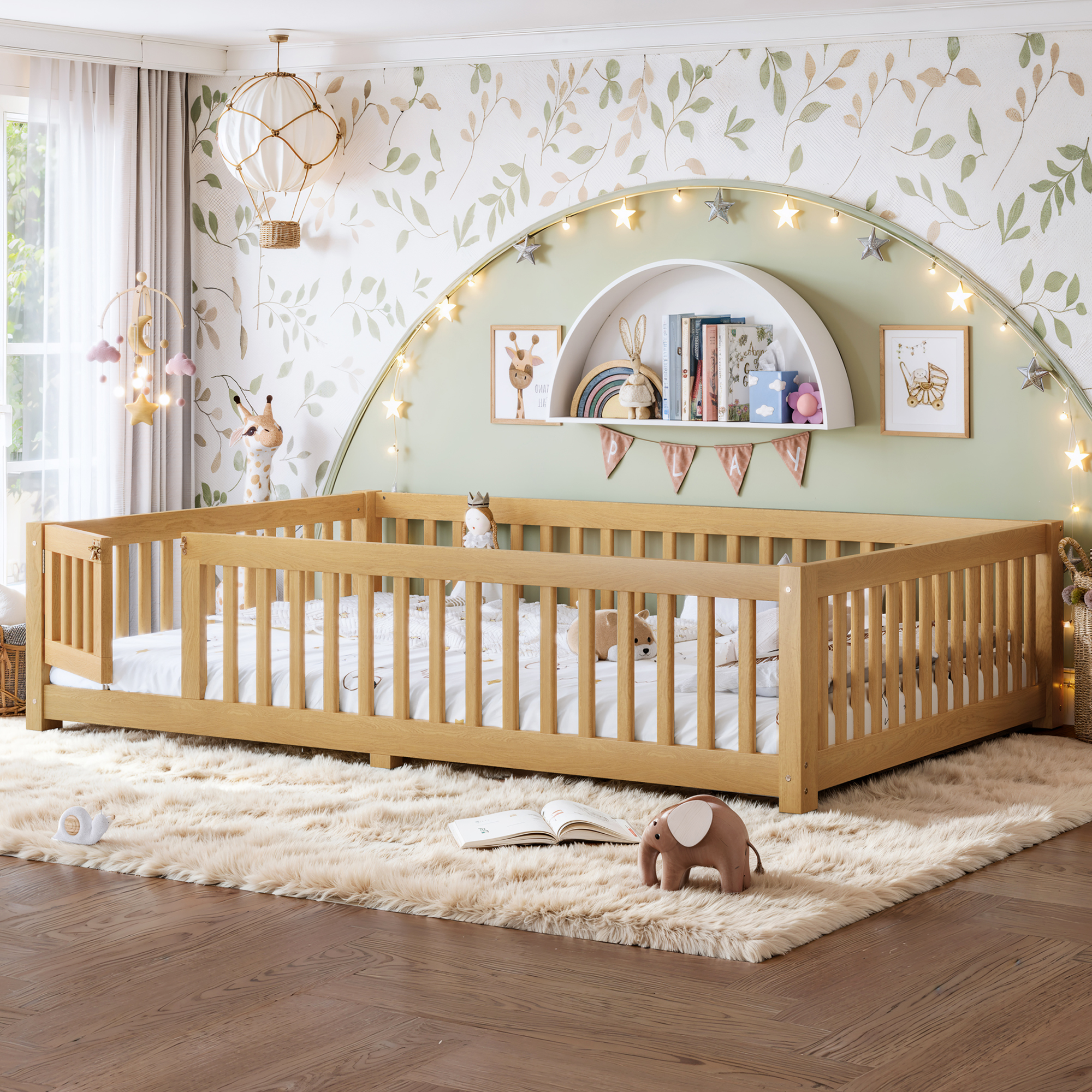 Queen Size Bed Floor Bed with Safety Guardrails and Door for Kids, Natural - Image 3