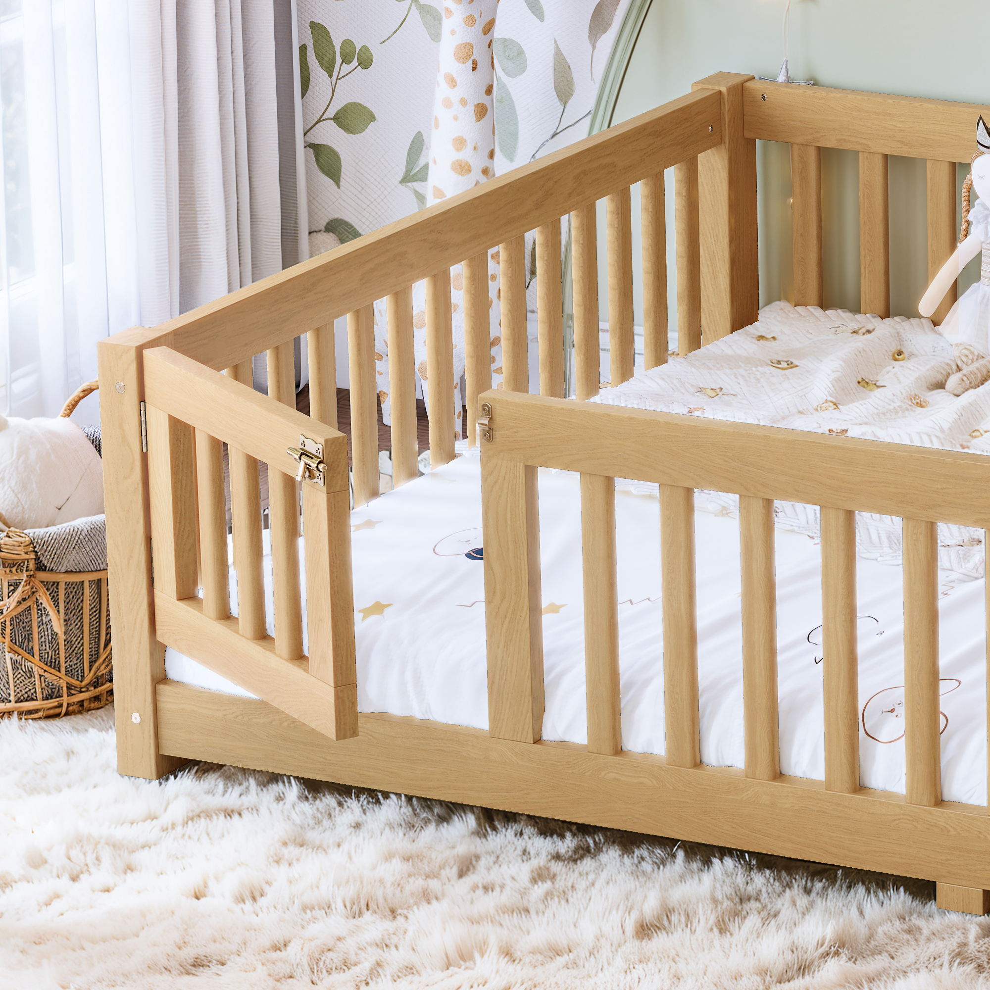 Queen Size Bed Floor Bed with Safety Guardrails and Door for Kids, Natural - Image 4