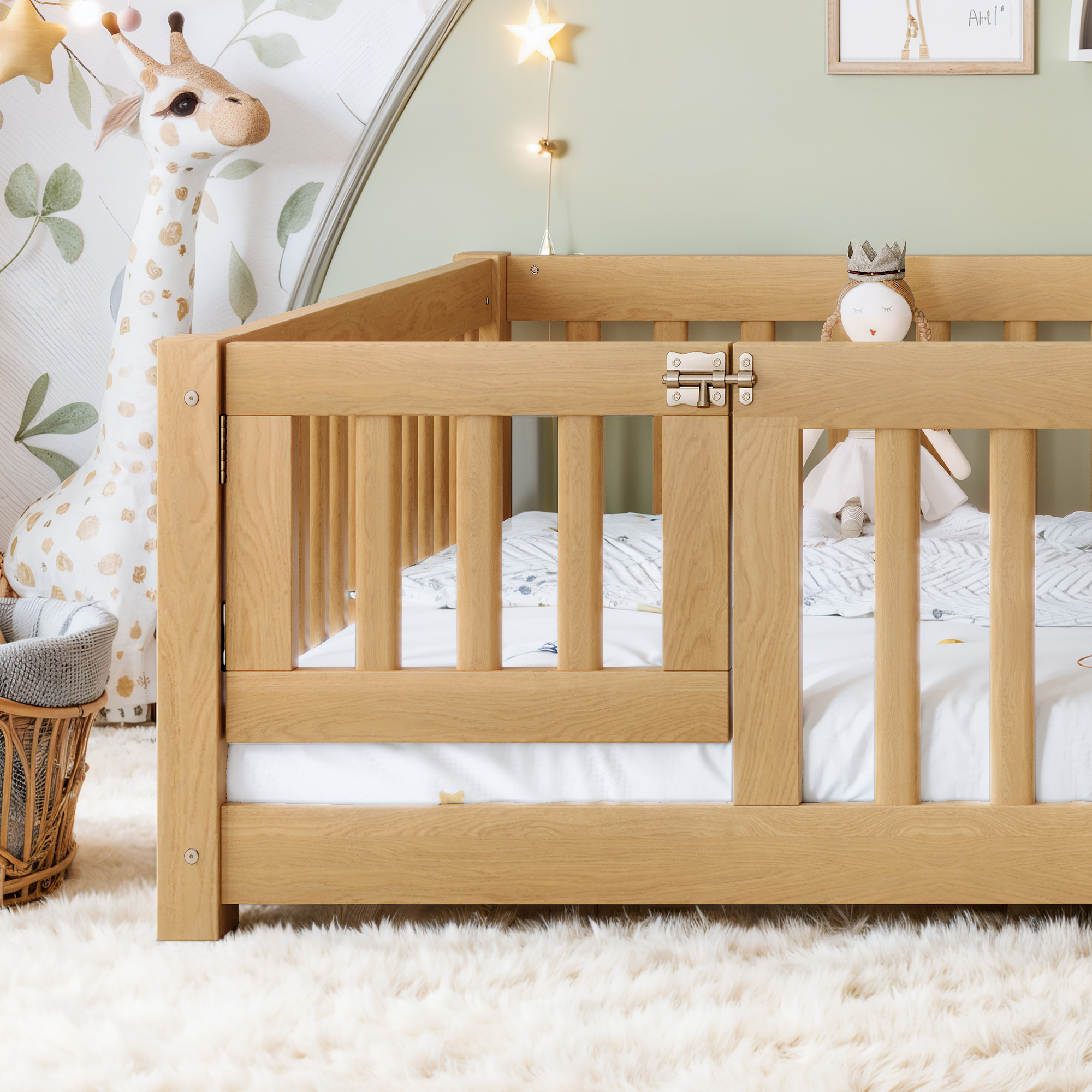 Queen Size Bed Floor Bed with Safety Guardrails and Door for Kids, Natural - Image 5
