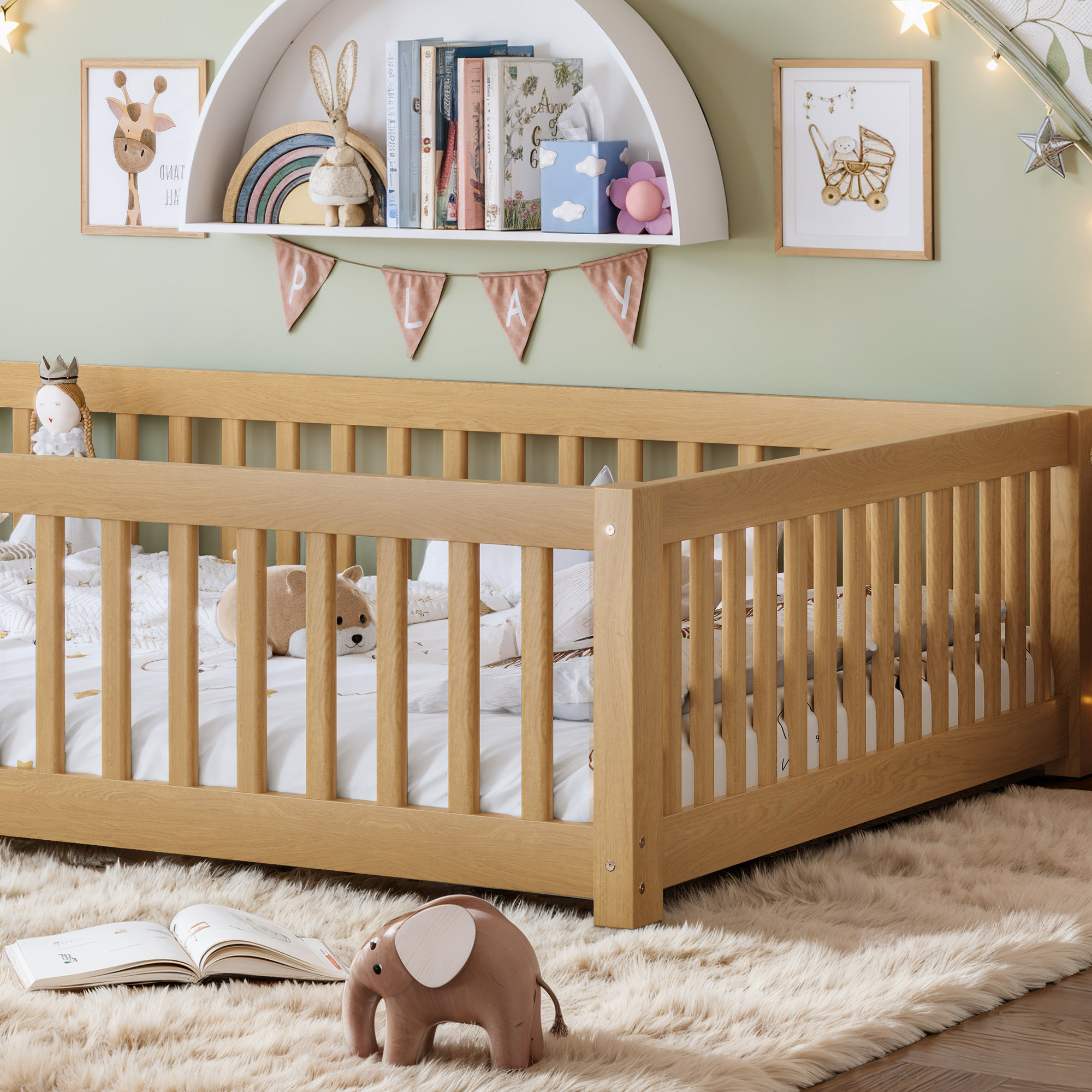 Queen Size Bed Floor Bed with Safety Guardrails and Door for Kids, Natural - Image 6