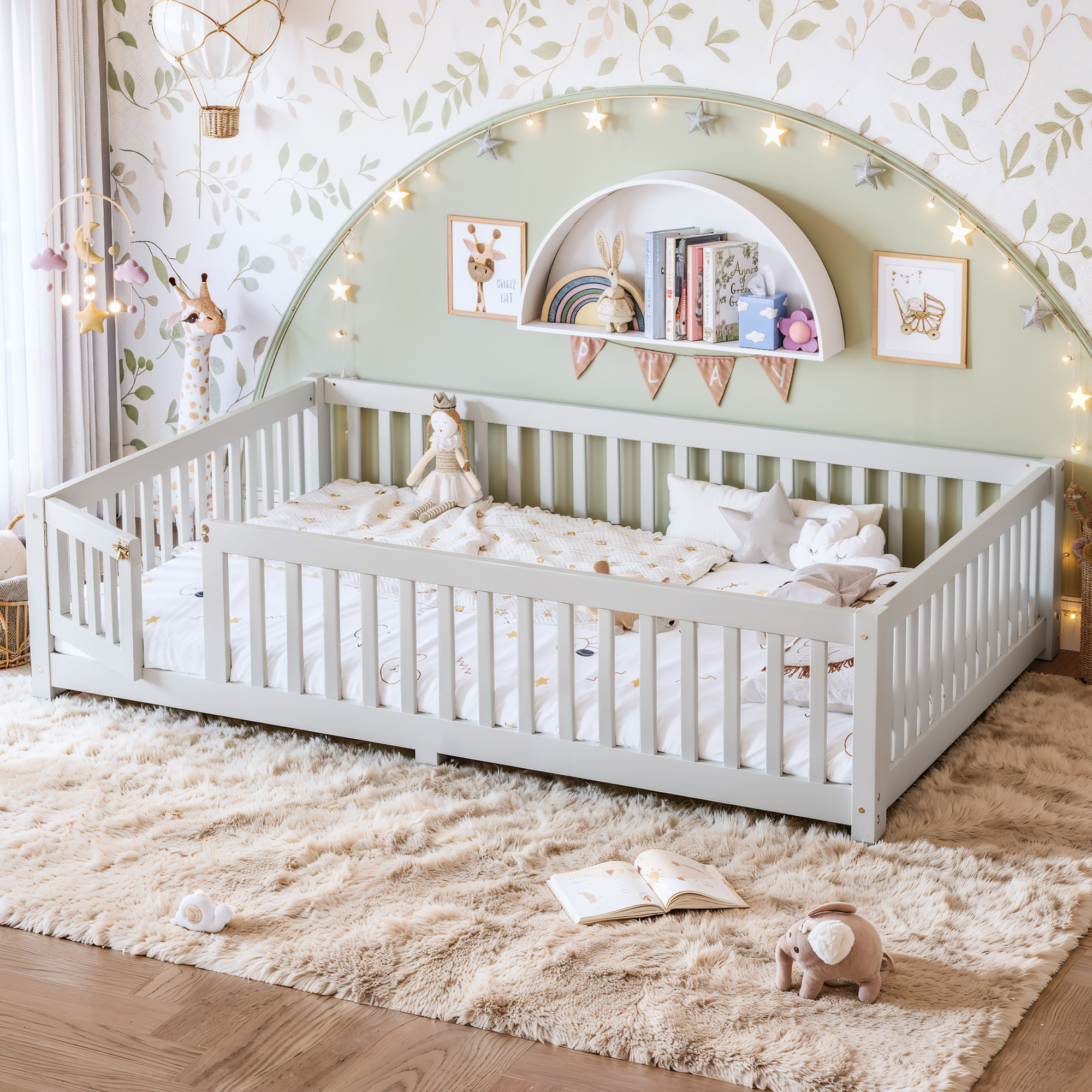 Queen Size Bed Floor Bed with Safety Guardrails and Door for Kids, White - Image 1