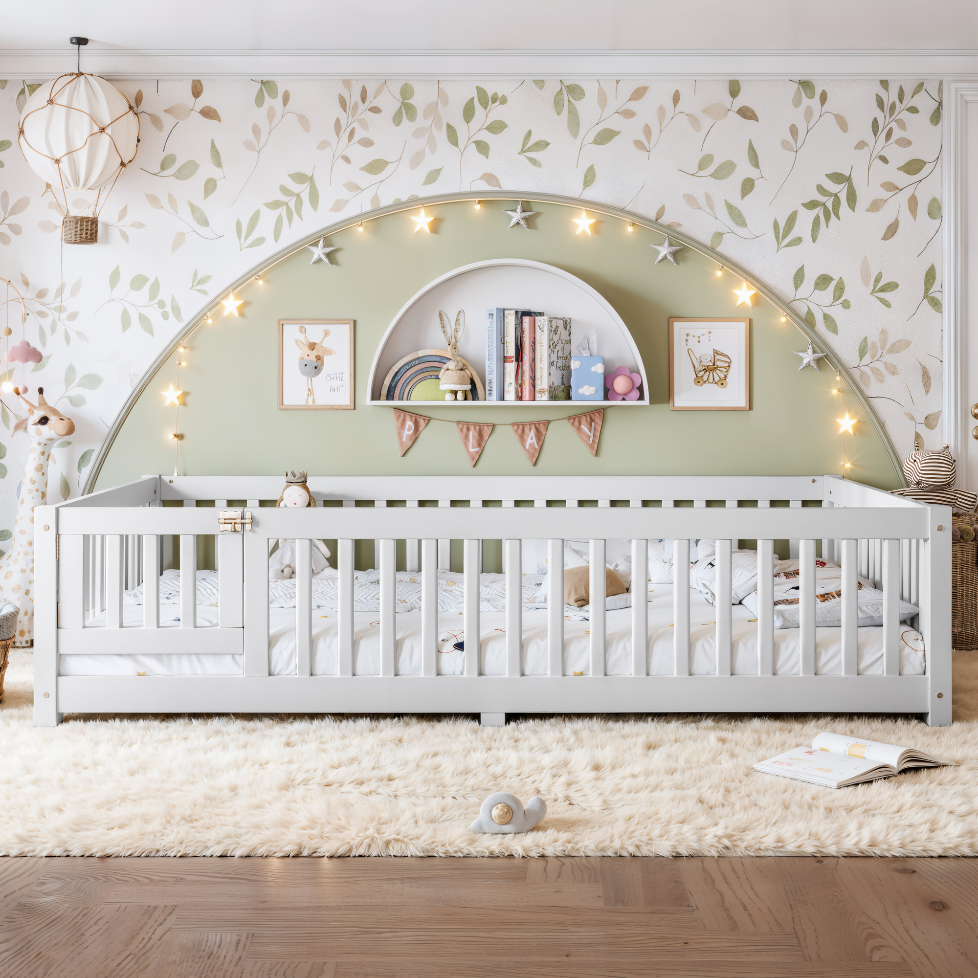 Queen Size Bed Floor Bed with Safety Guardrails and Door for Kids, White - Image 2
