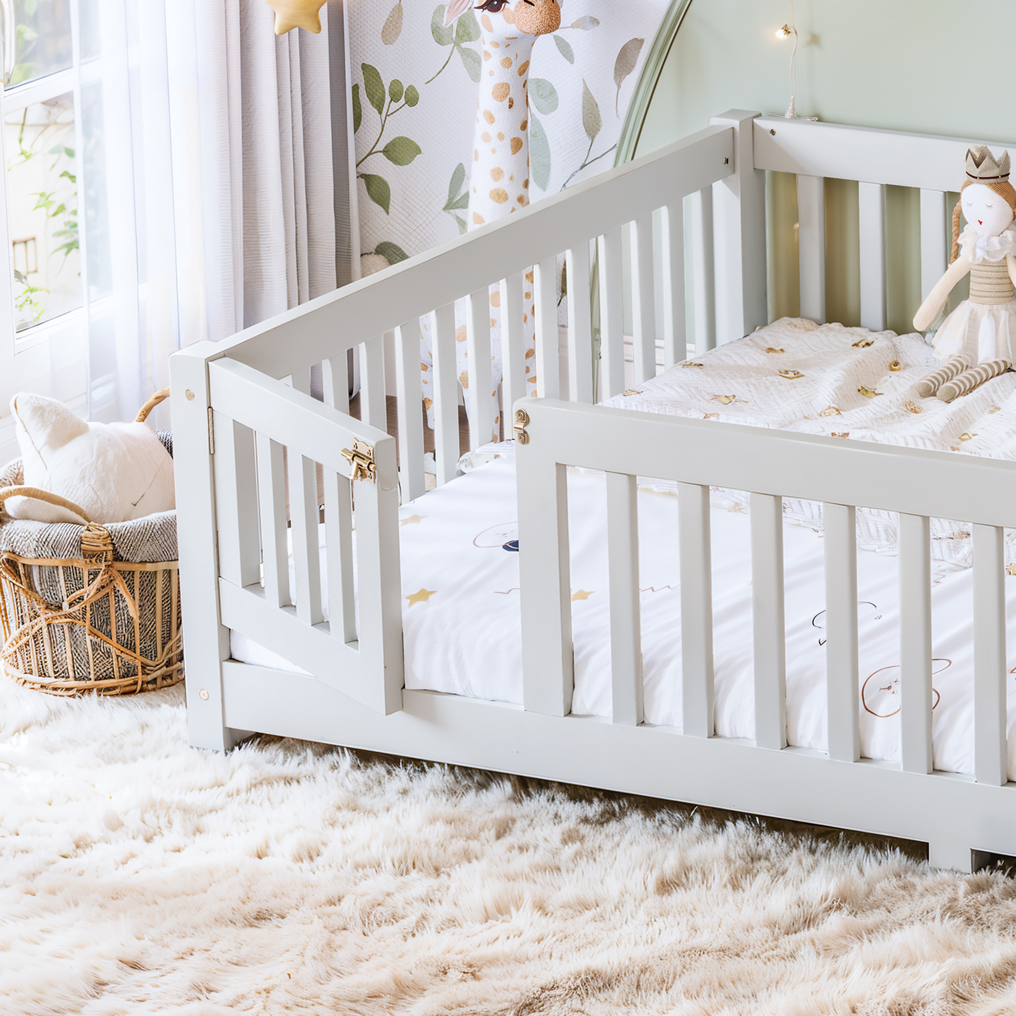 Queen Size Bed Floor Bed with Safety Guardrails and Door for Kids, White - Image 4
