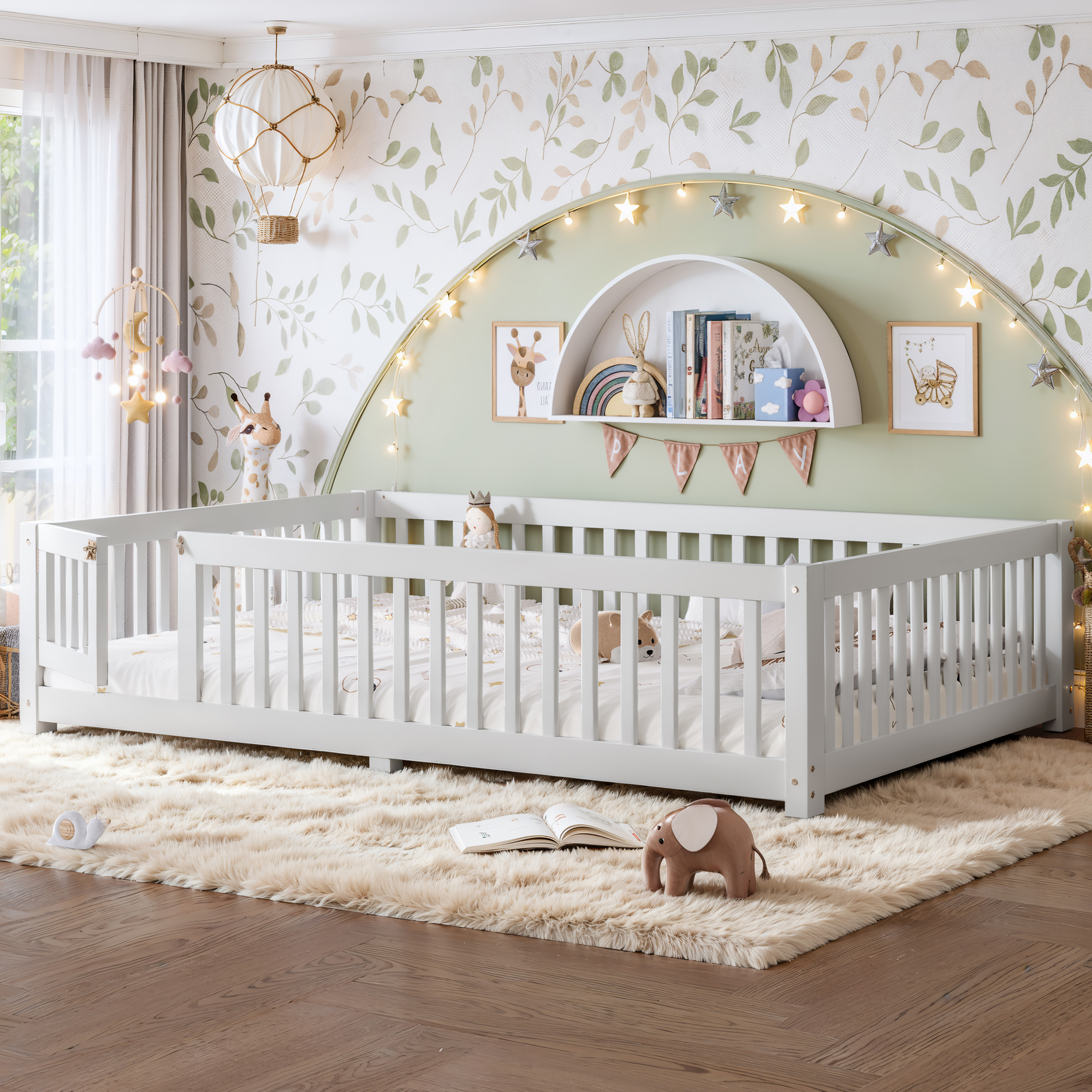 Queen Size Bed Floor Bed with Safety Guardrails and Door for Kids, White - Image 3