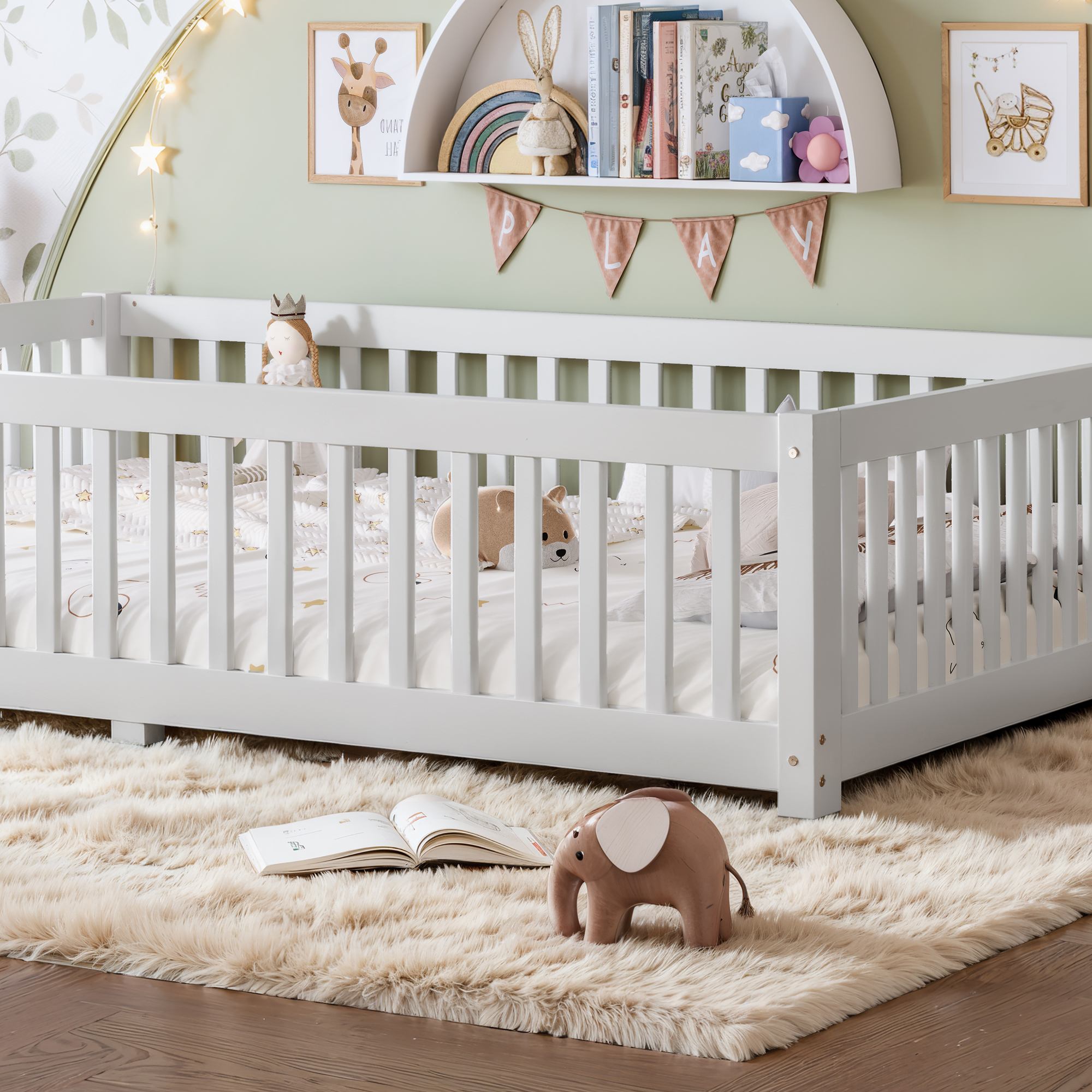 Queen Size Bed Floor Bed with Safety Guardrails and Door for Kids, White - Image 5