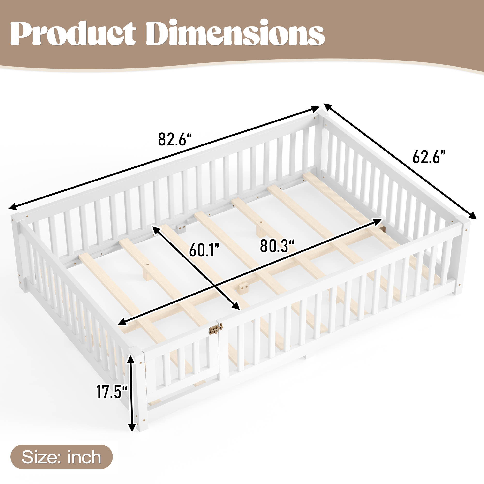 Queen Size Bed Floor Bed with Safety Guardrails and Door for Kids, White - Image 6