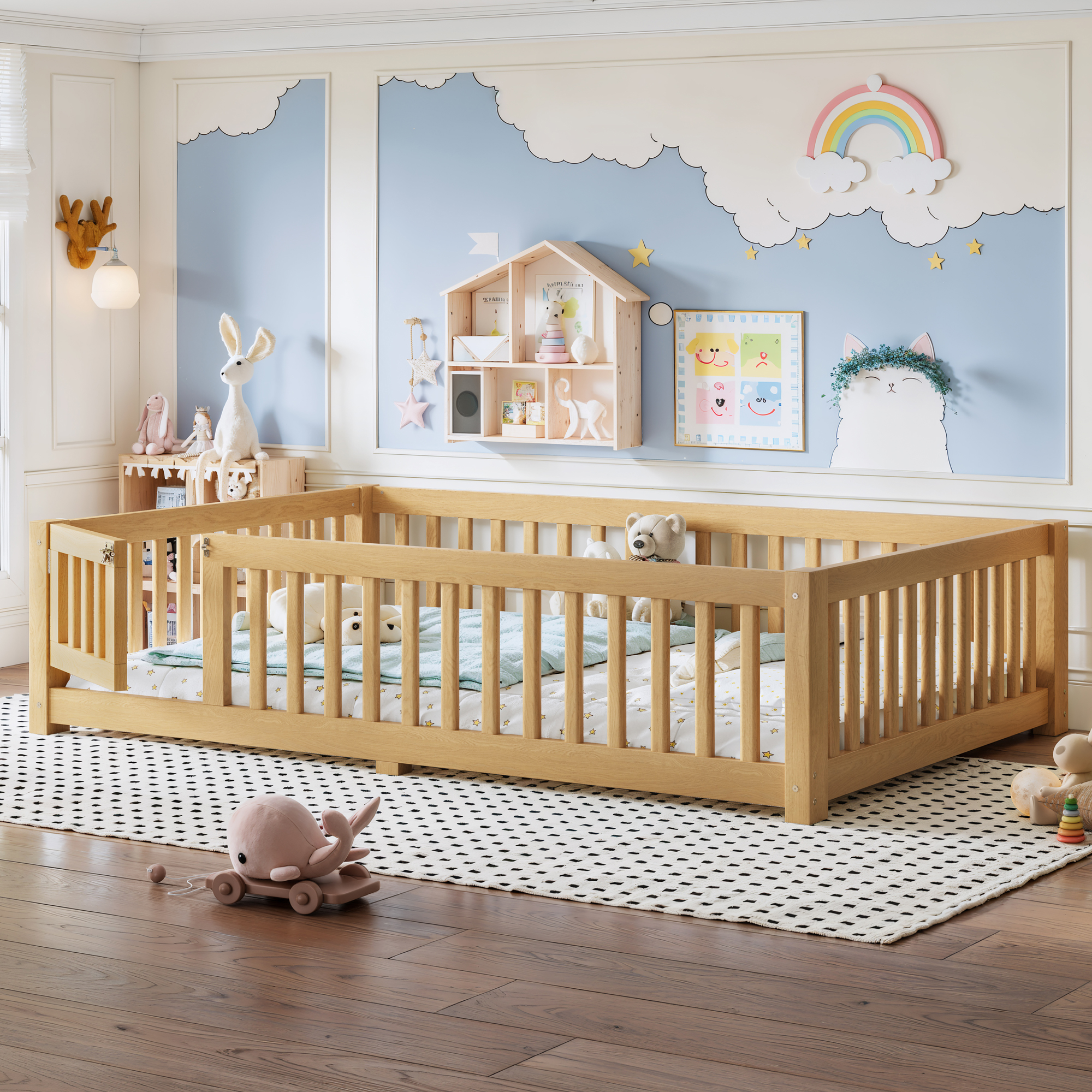 Full Size Bed Floor Bed with Safety Guardrails and Door for Kids, Natural - Image 2