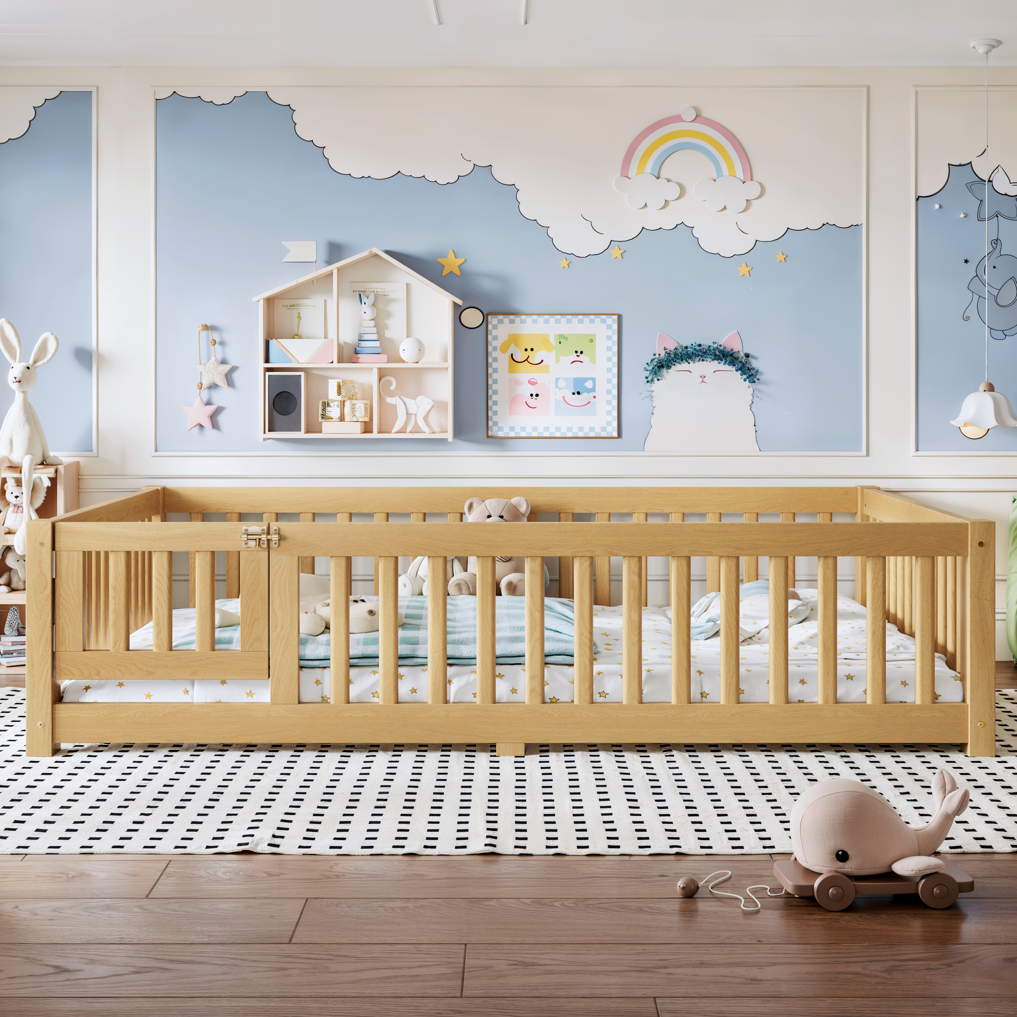 Full Size Bed Floor Bed with Safety Guardrails and Door for Kids, Natural - Image 3
