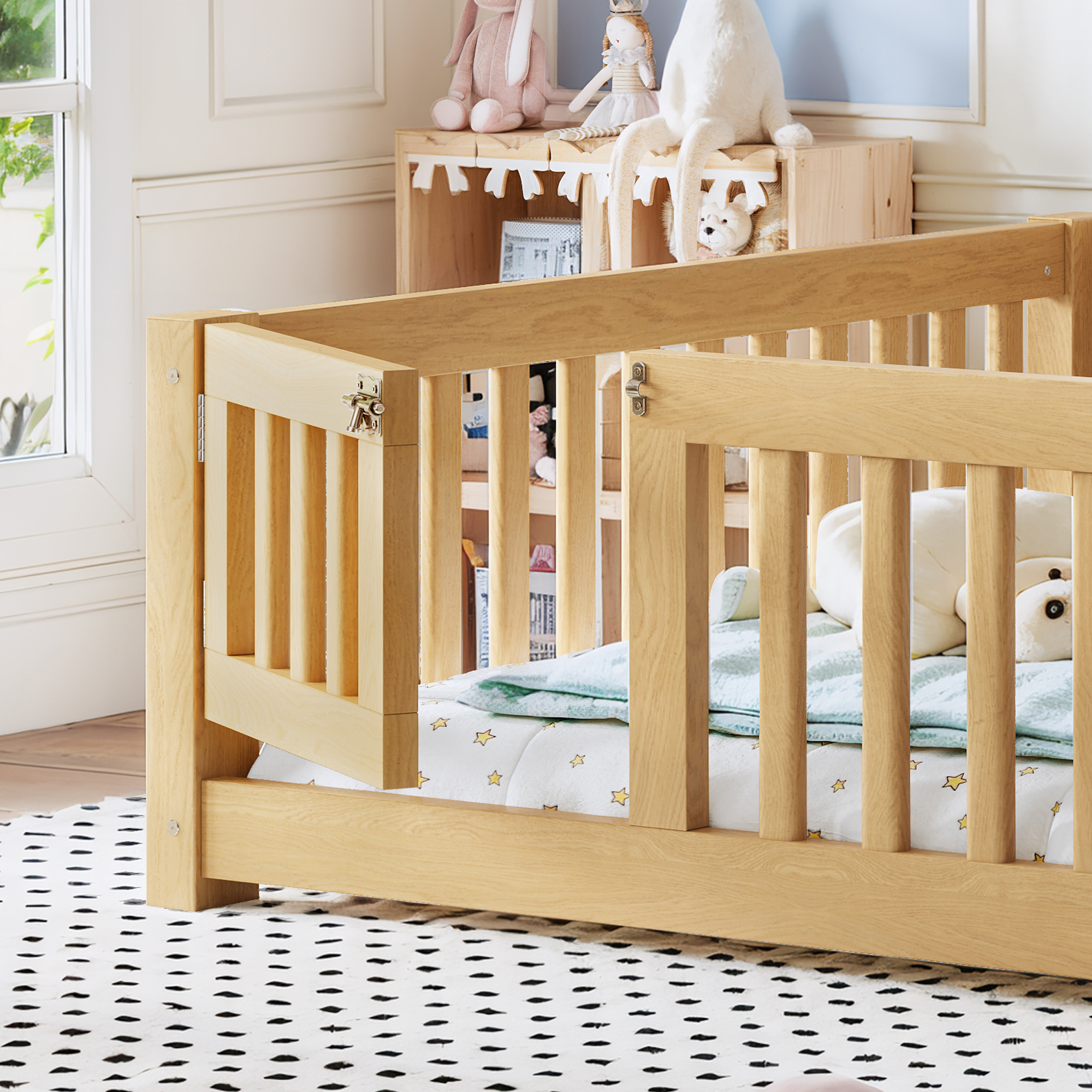 Full Size Bed Floor Bed with Safety Guardrails and Door for Kids, Natural - Image 4