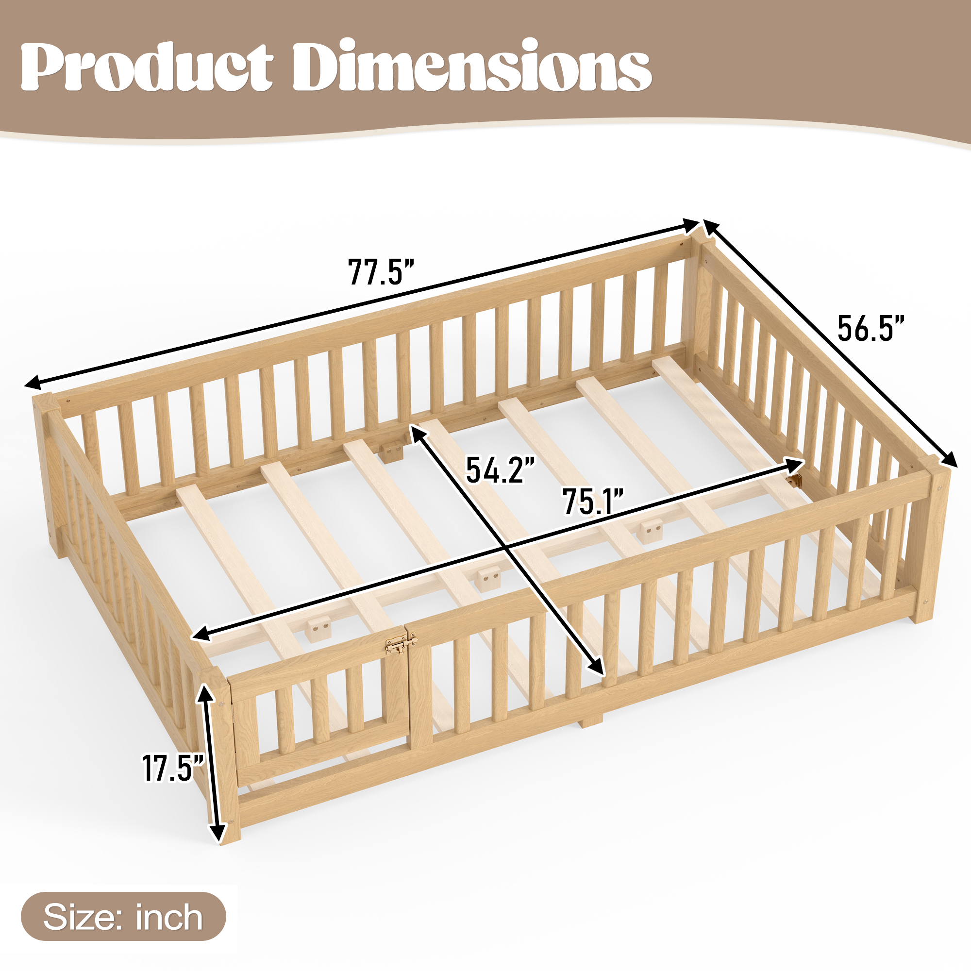 Full Size Bed Floor Bed with Safety Guardrails and Door for Kids, Natural - Image 6