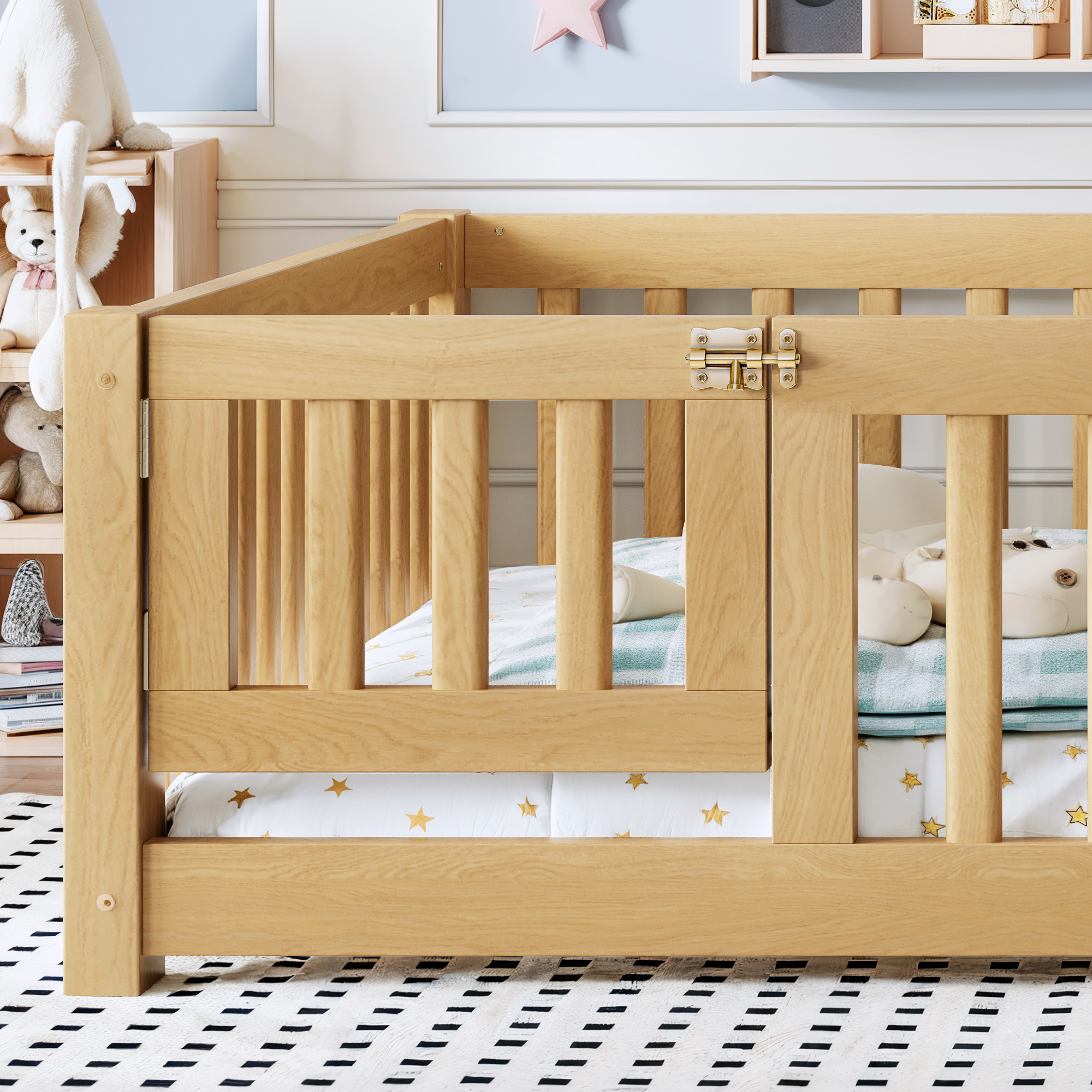 Full Size Bed Floor Bed with Safety Guardrails and Door for Kids, Natural - Image 5