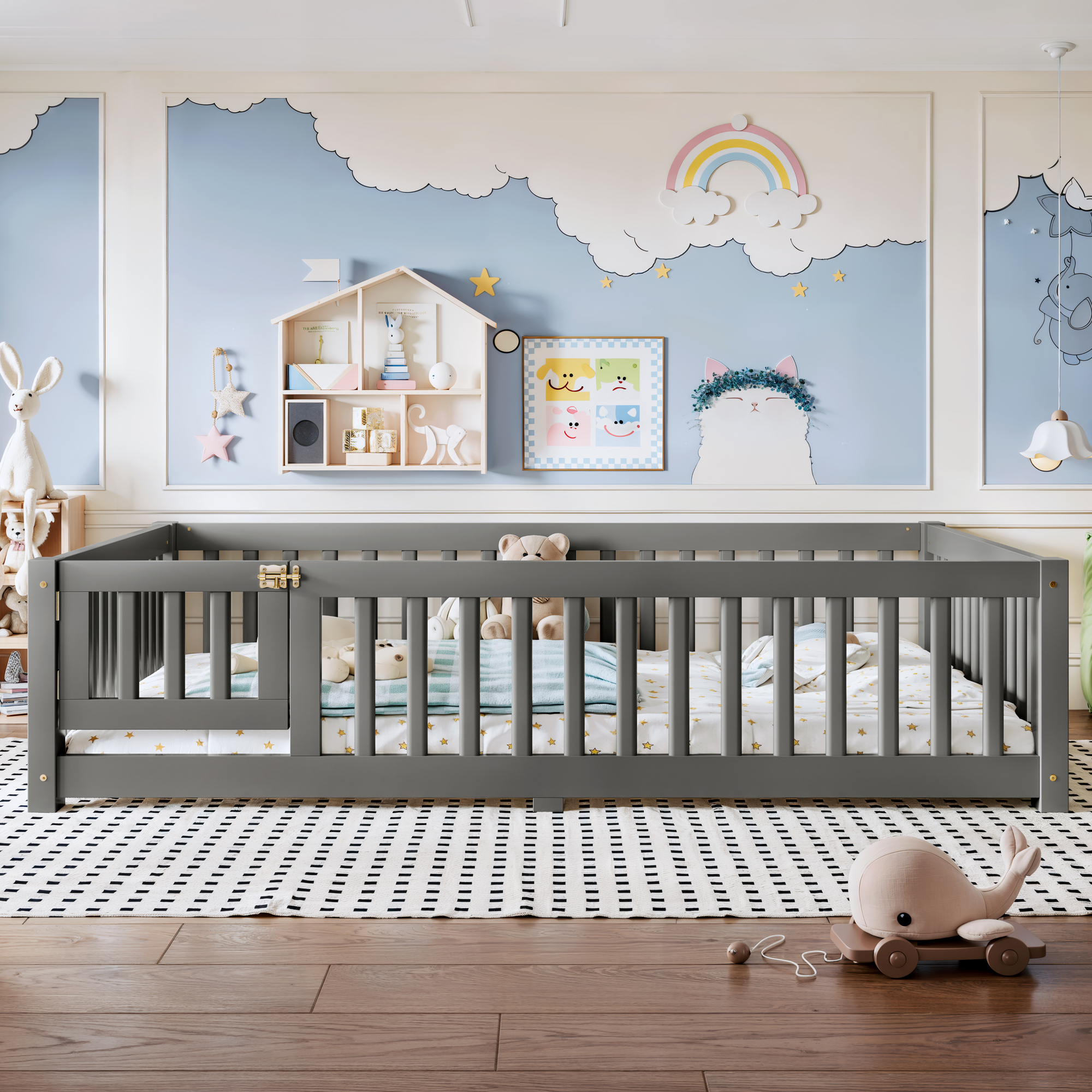 Full Size Bed Floor Bed with Safety Guardrails and Door for Kids, Gray - Image 2