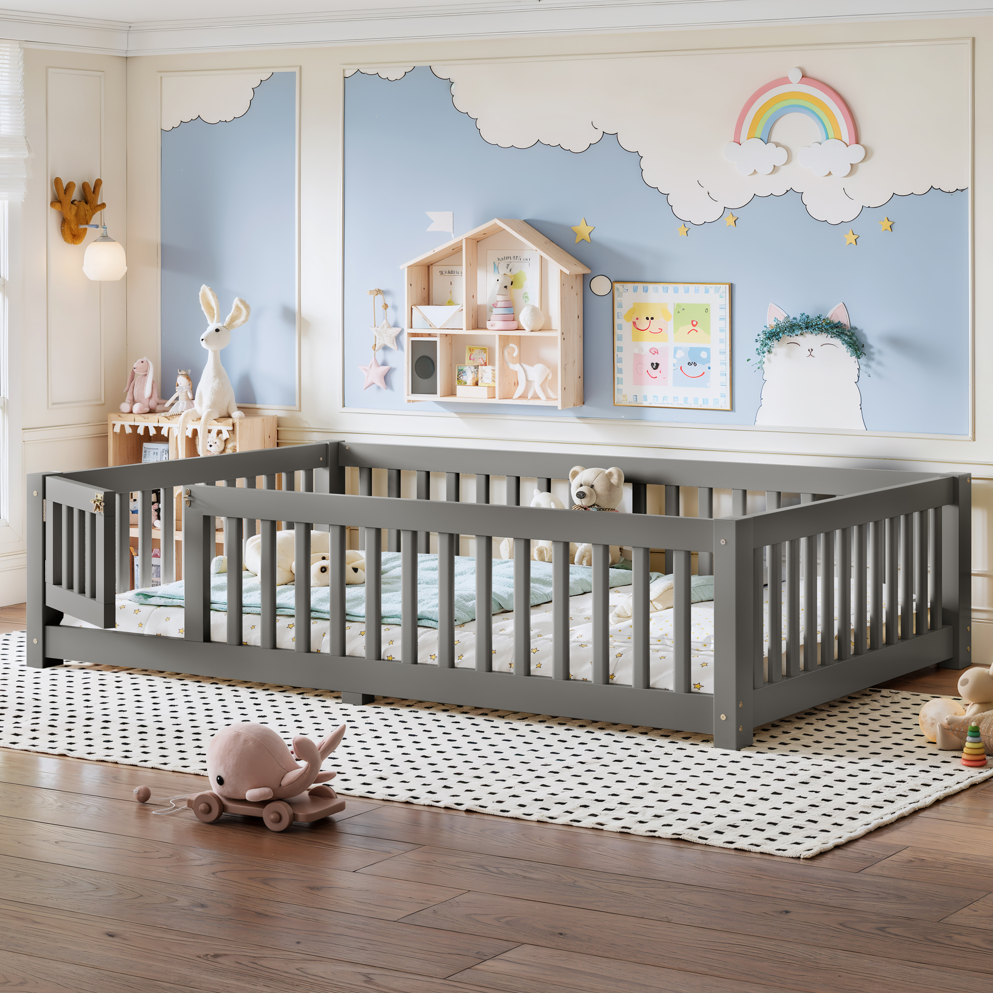 Full Size Bed Floor Bed with Safety Guardrails and Door for Kids, Gray - Image 3