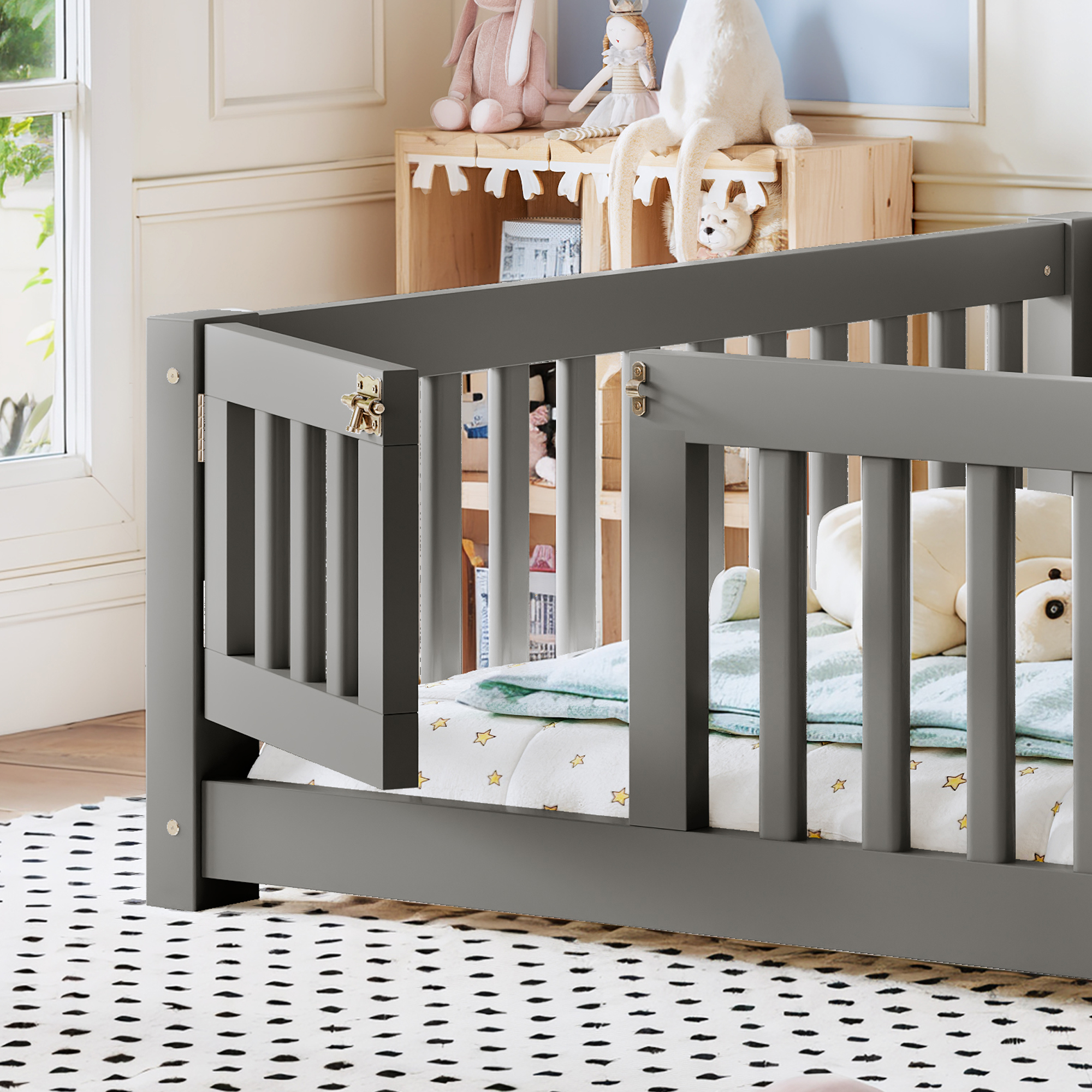 Full Size Bed Floor Bed with Safety Guardrails and Door for Kids, Gray - Image 4