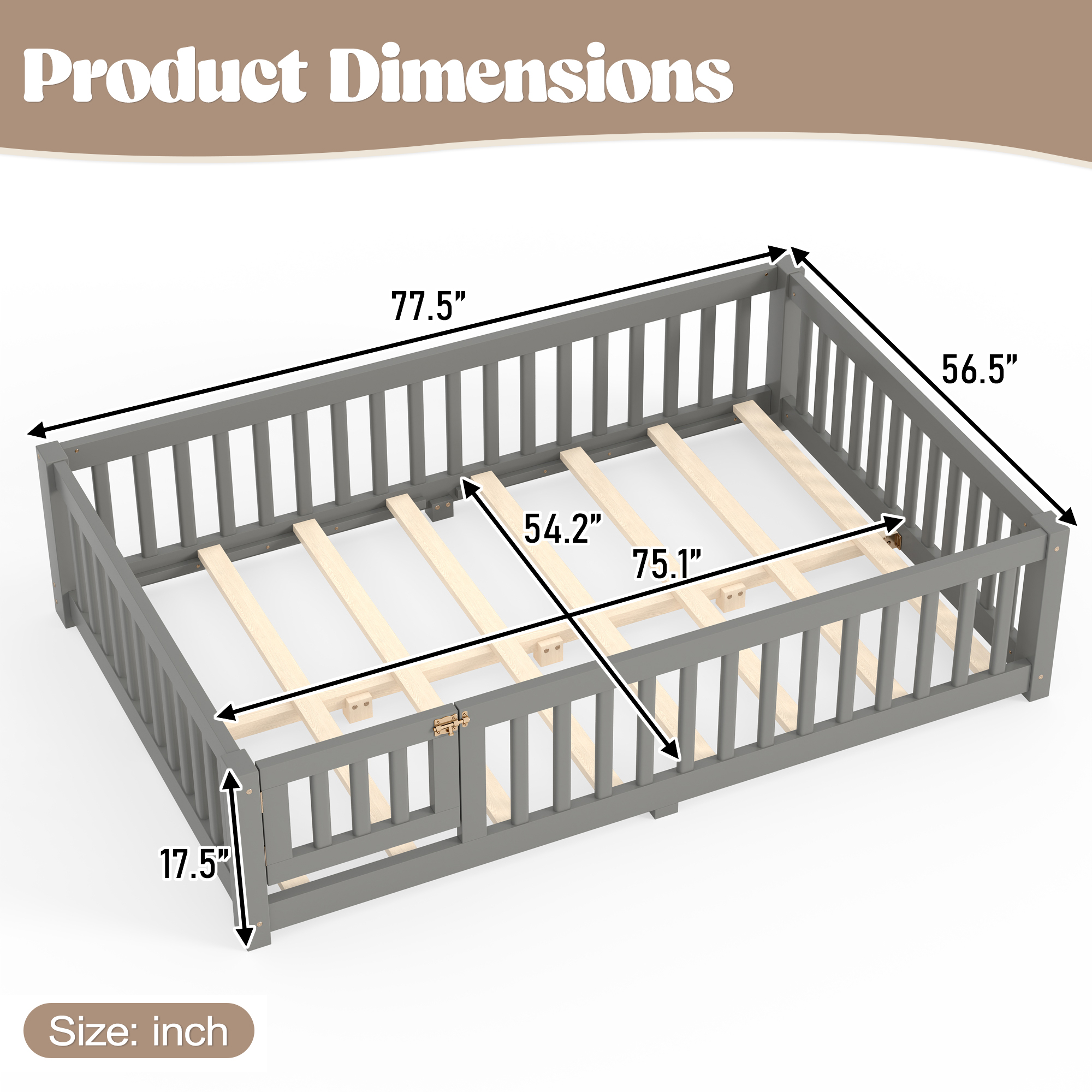 Full Size Bed Floor Bed with Safety Guardrails and Door for Kids, Gray - Image 6