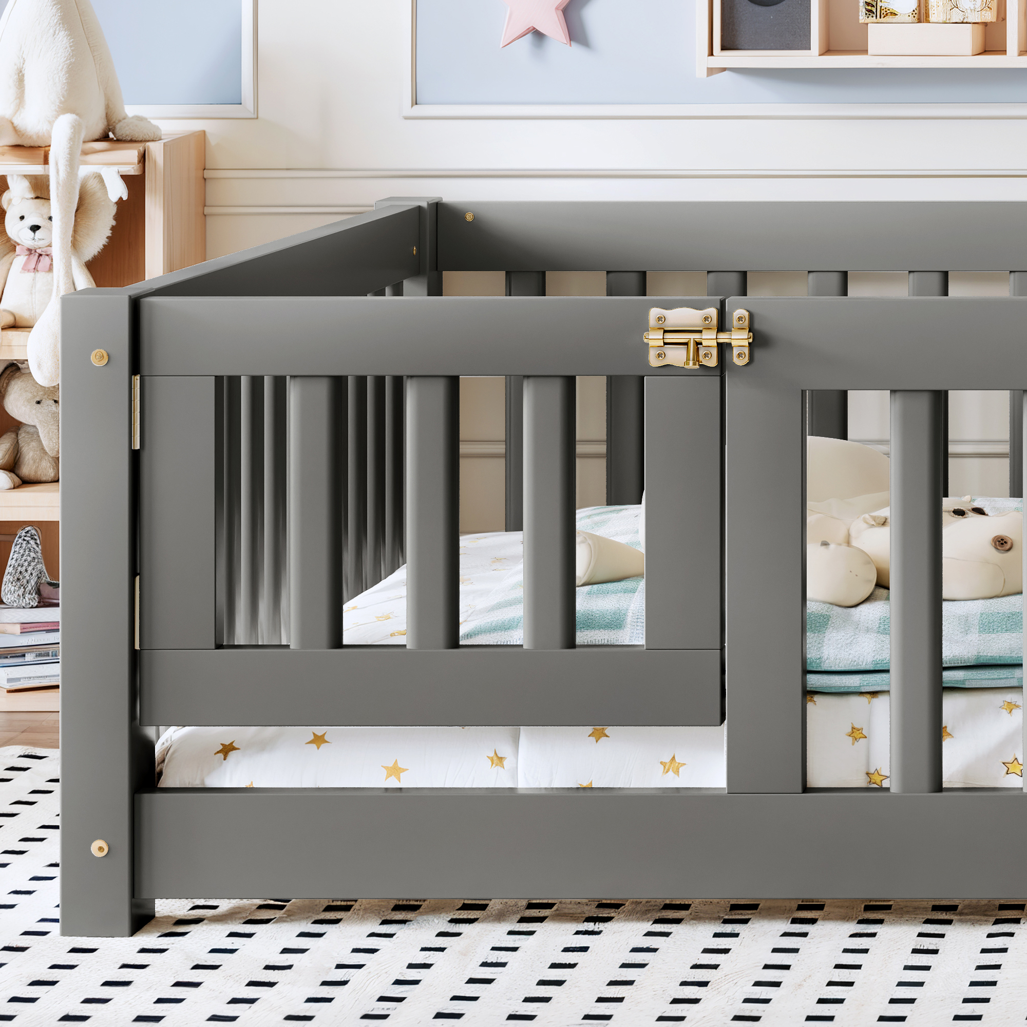 Full Size Bed Floor Bed with Safety Guardrails and Door for Kids, Gray - Image 5