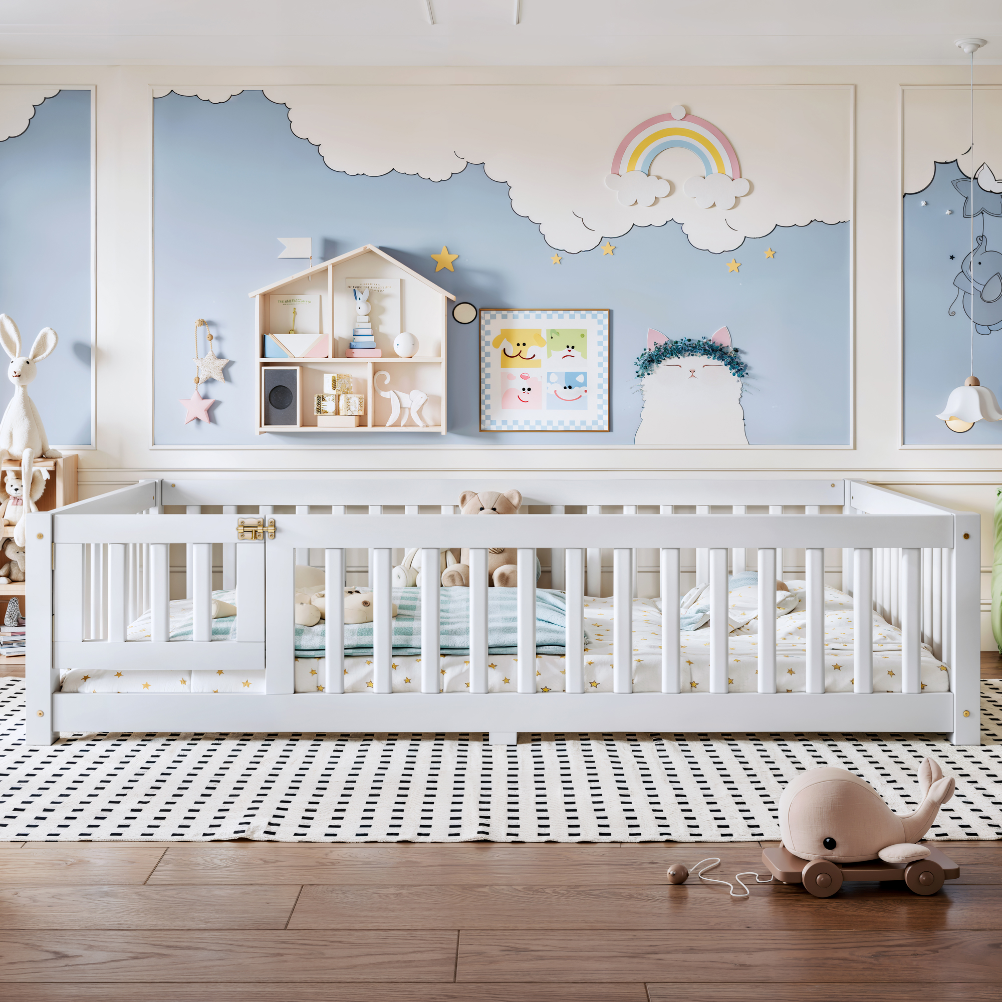 Full Size Bed Floor Bed with Safety Guardrails and Door for Kids, White - Image 2