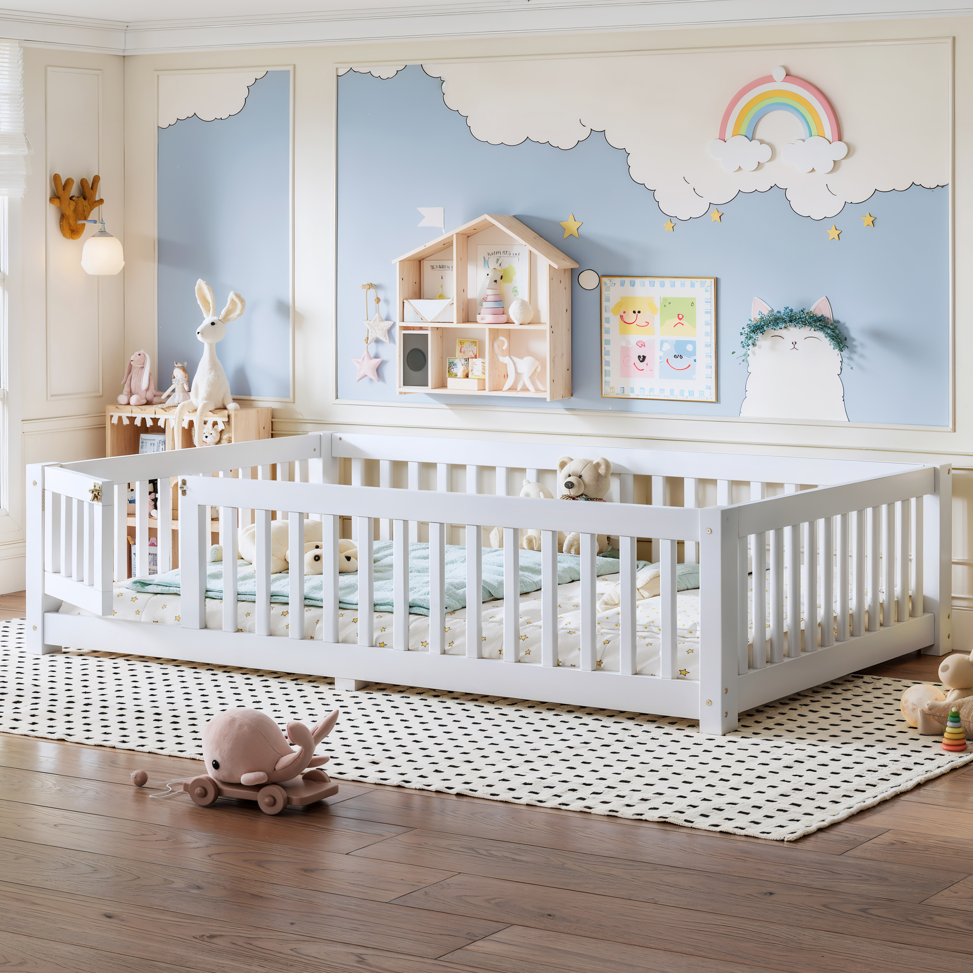 Full Size Bed Floor Bed with Safety Guardrails and Door for Kids, White - Image 3