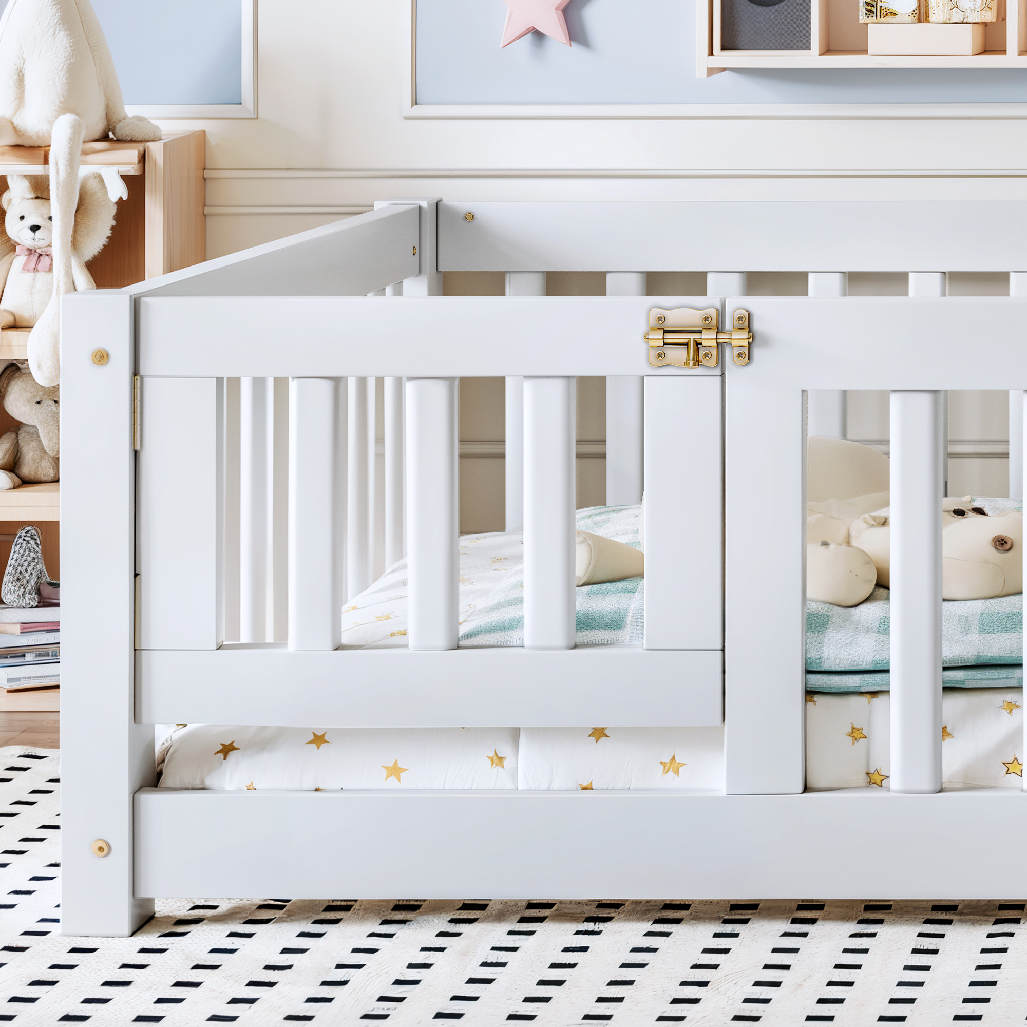 Full Size Bed Floor Bed with Safety Guardrails and Door for Kids, White - Image 4