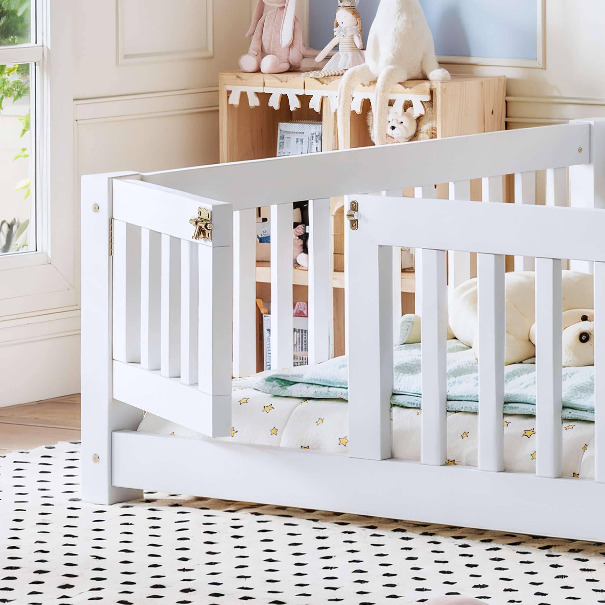 Full Size Bed Floor Bed with Safety Guardrails and Door for Kids, White - Image 5