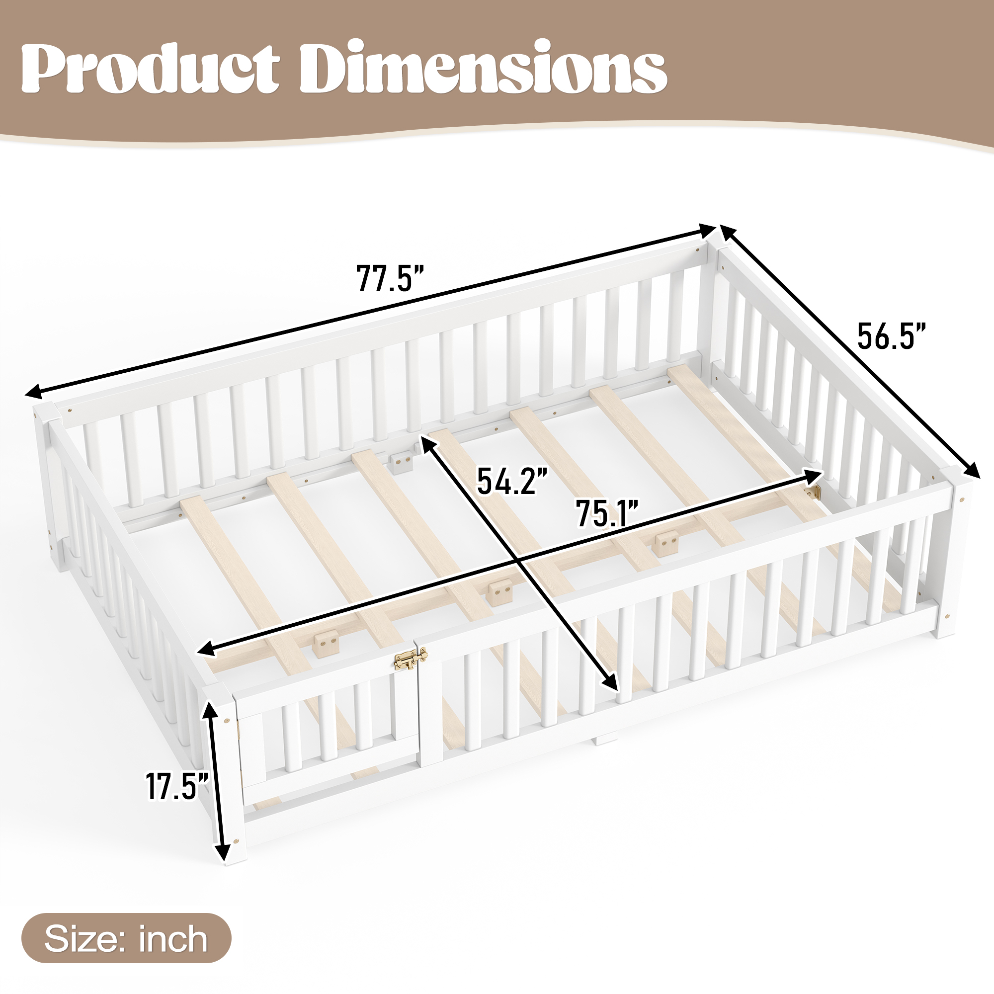 Full Size Bed Floor Bed with Safety Guardrails and Door for Kids, White - Image 6