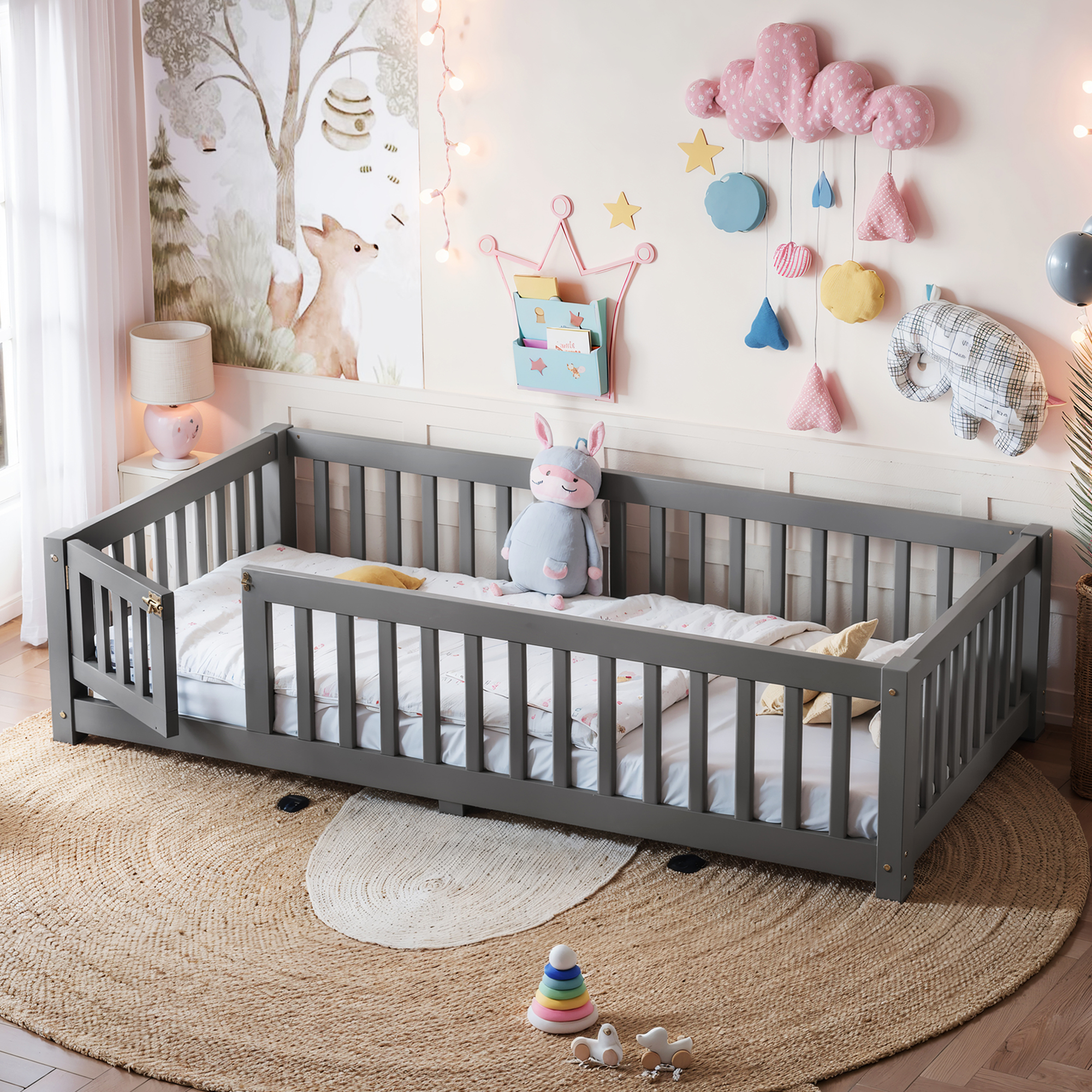 Twin Size Bed Floor Bed with Safety Guardrails and Door for Kids, Gray - Image 1