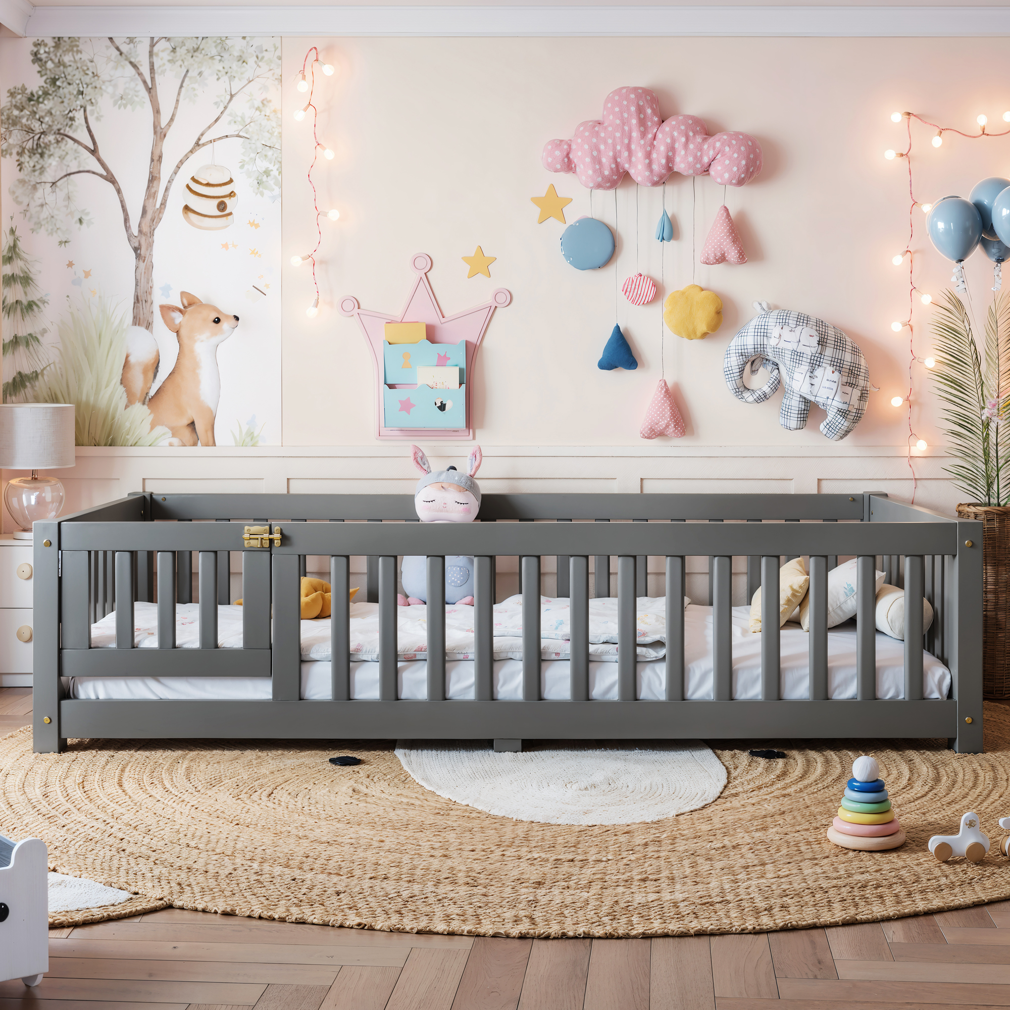 Twin Size Bed Floor Bed with Safety Guardrails and Door for Kids, Gray - Image 2