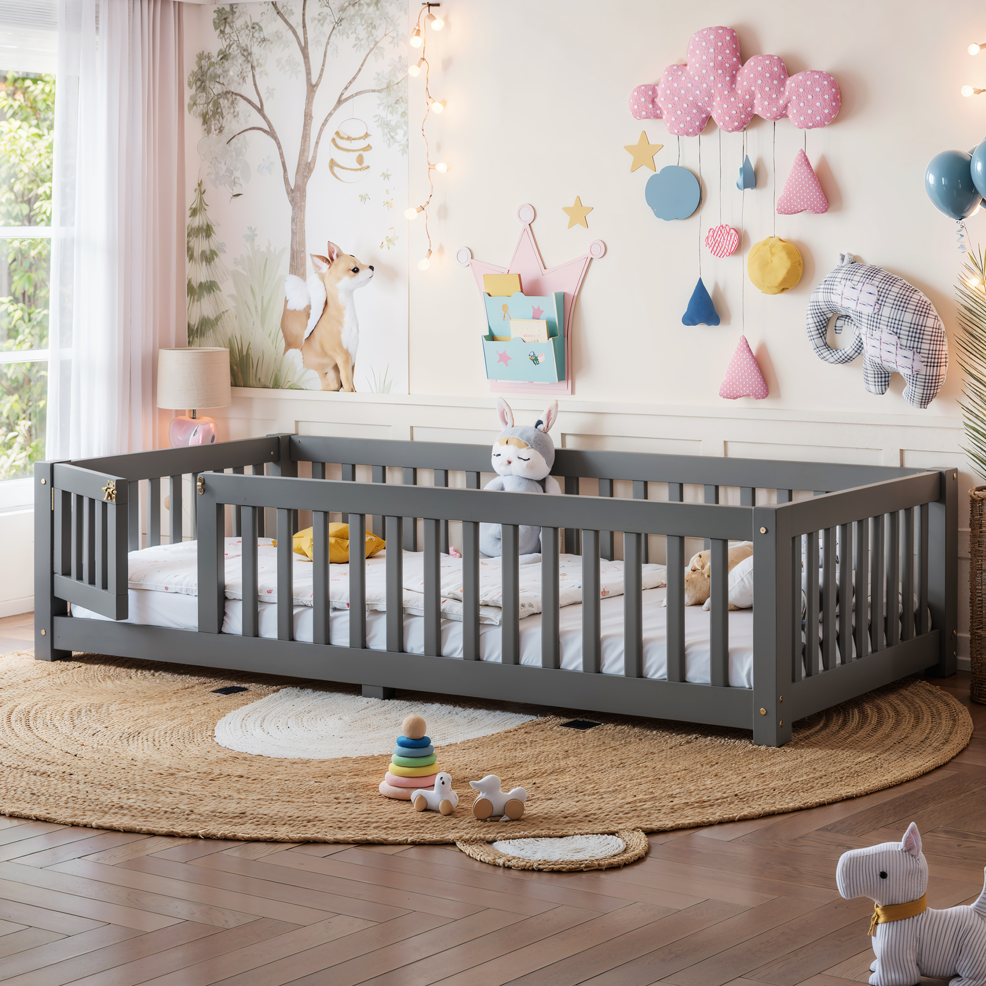Twin Size Bed Floor Bed with Safety Guardrails and Door for Kids, Gray - Image 3