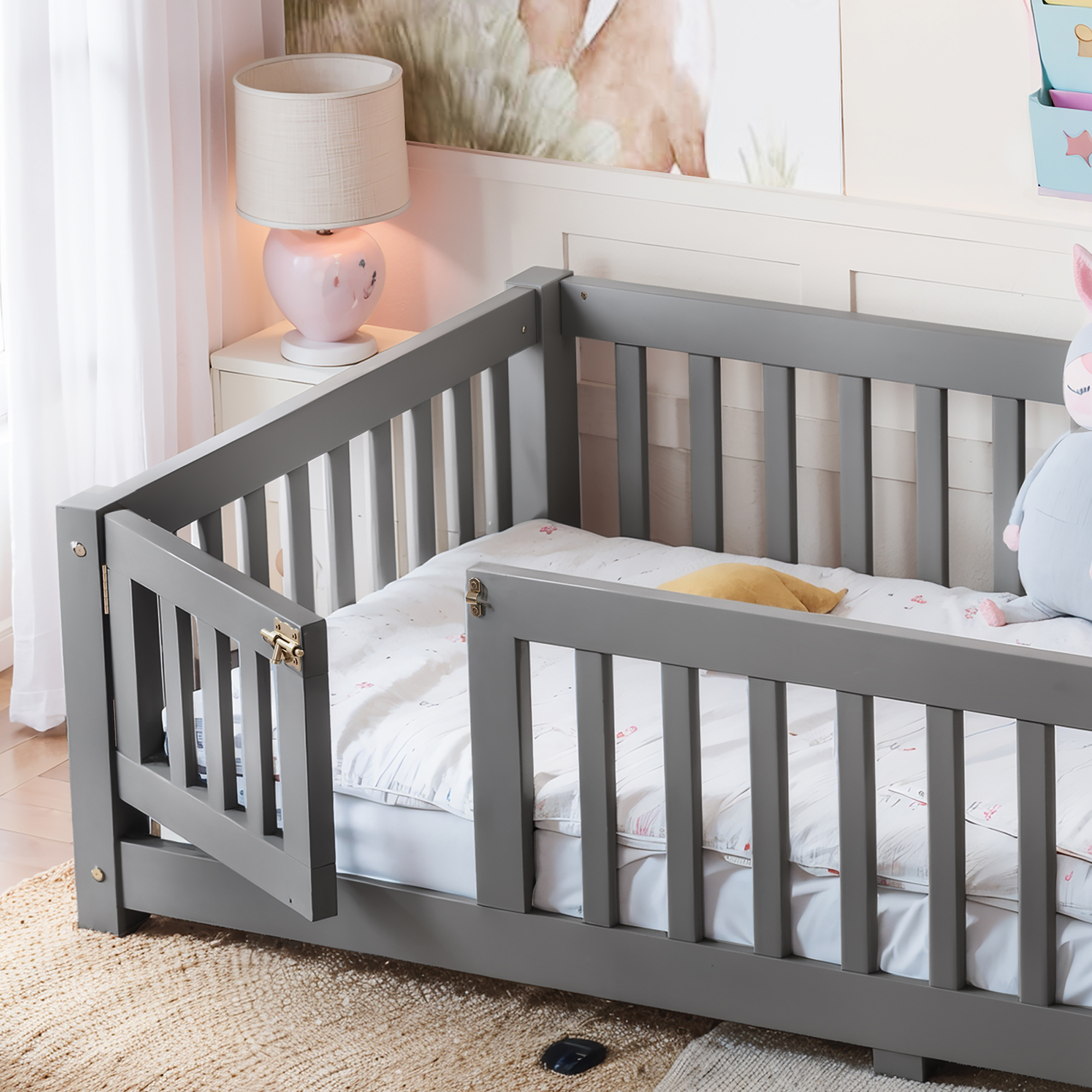 Twin Size Bed Floor Bed with Safety Guardrails and Door for Kids, Gray - Image 4