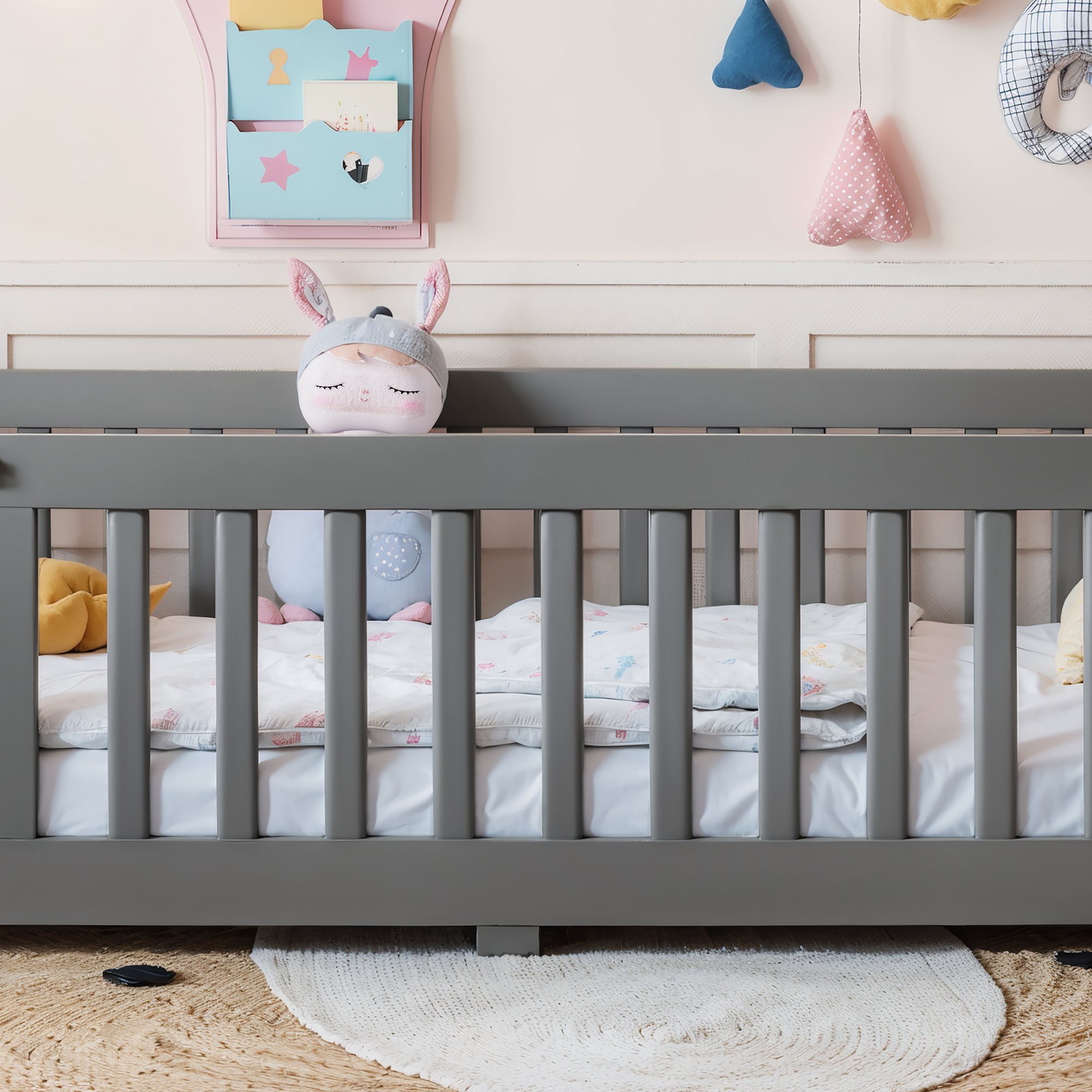 Twin Size Bed Floor Bed with Safety Guardrails and Door for Kids, Gray - Image 5
