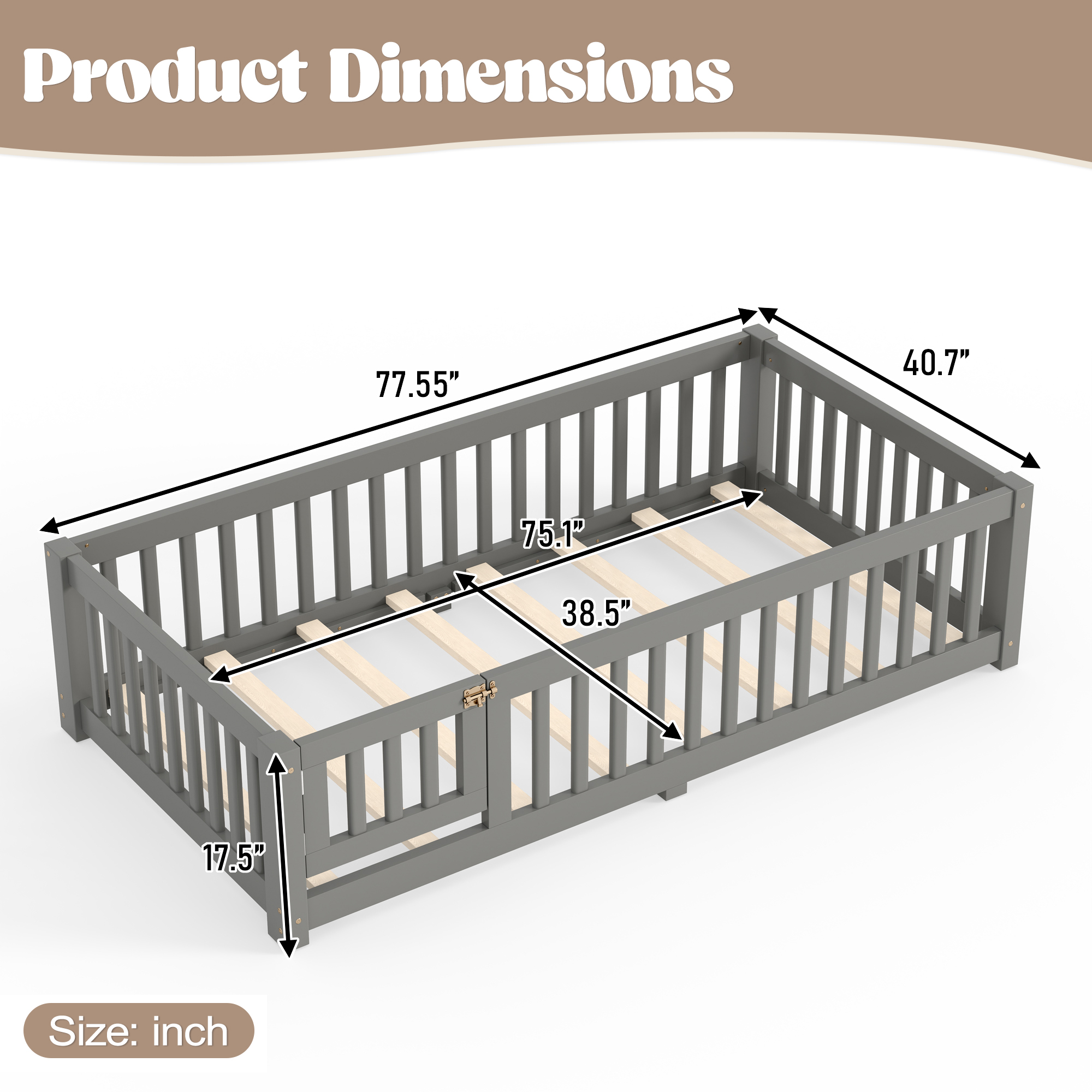 Twin Size Bed Floor Bed with Safety Guardrails and Door for Kids, Gray - Image 6