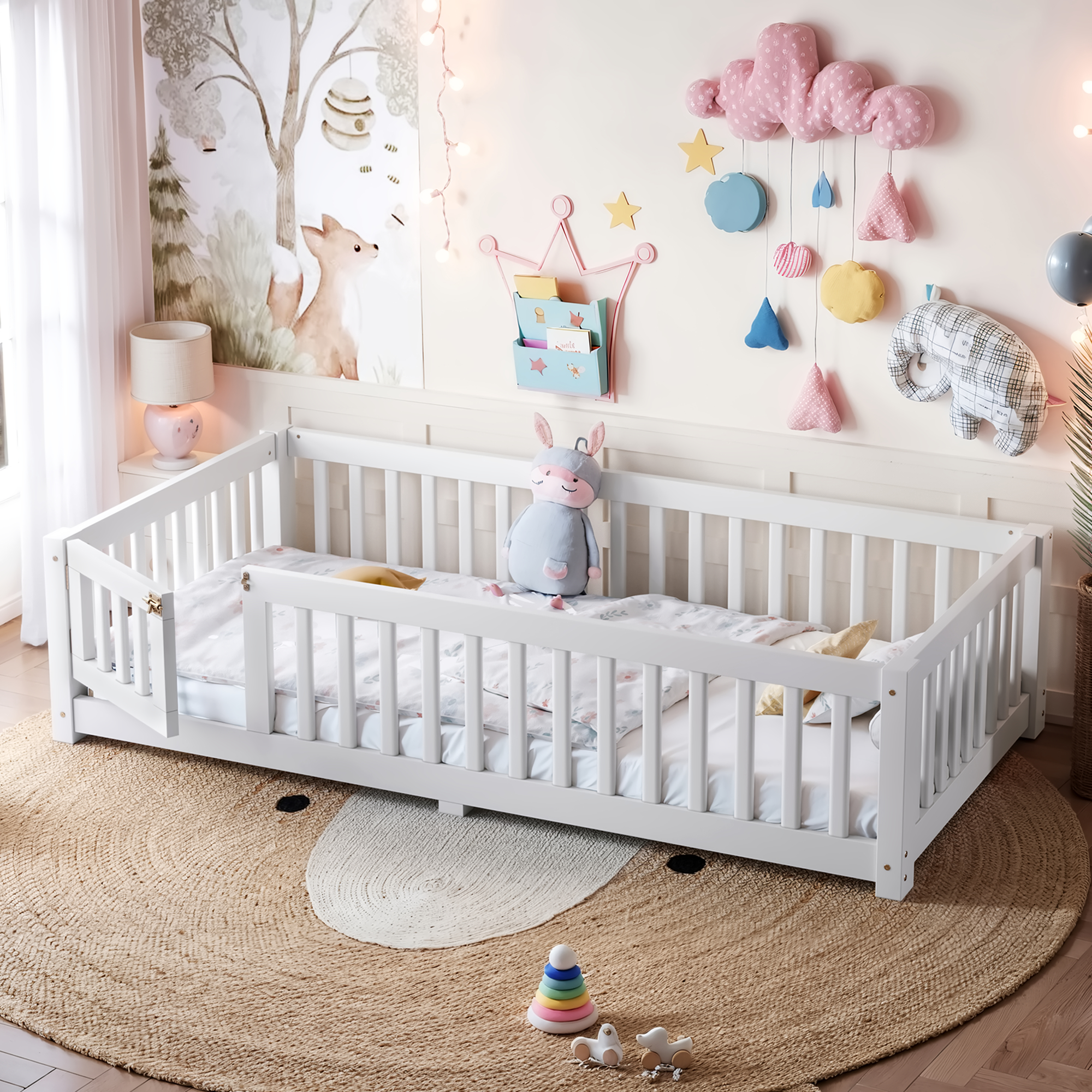 Twin Size Bed Floor Bed with Safety Guardrails and Door for Kids, White - Image 1