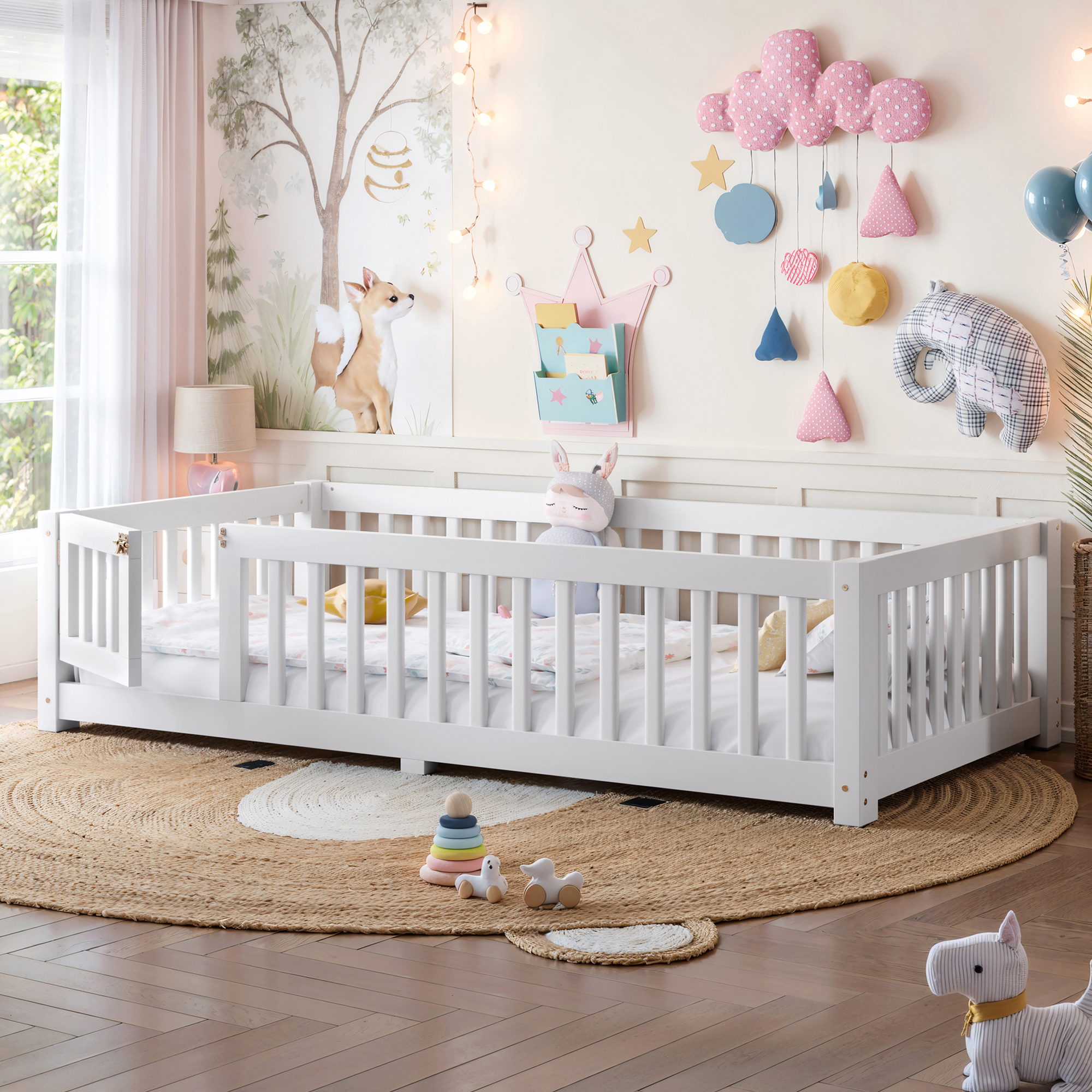 Twin Size Bed Floor Bed with Safety Guardrails and Door for Kids, White - Image 3