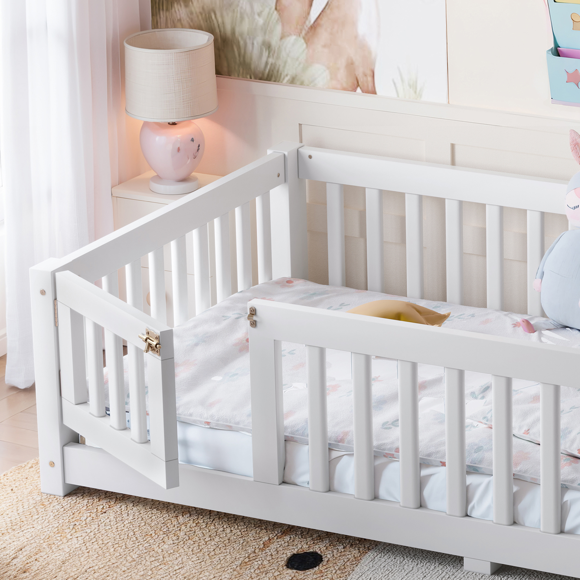 Twin Size Bed Floor Bed with Safety Guardrails and Door for Kids, White - Image 4