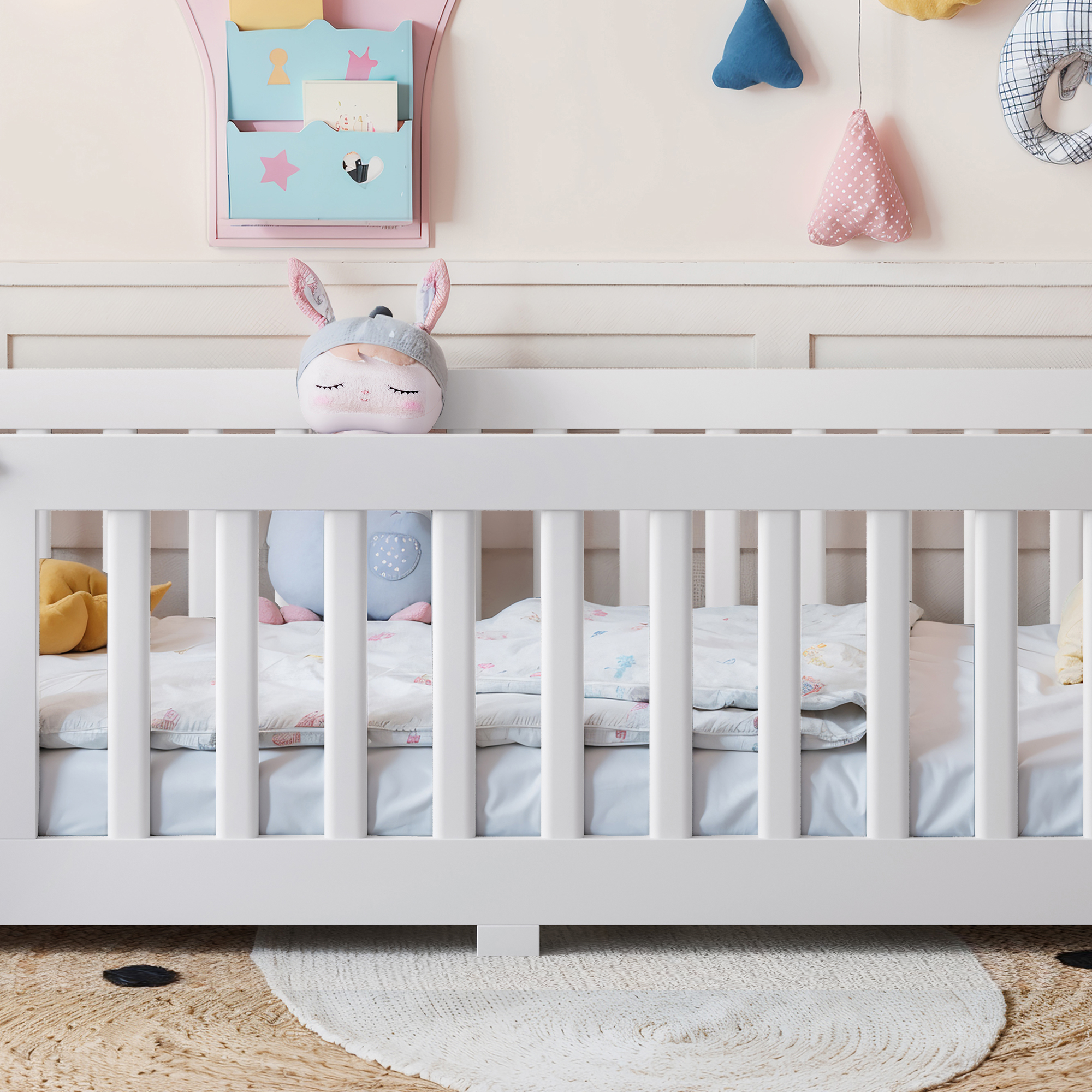 Twin Size Bed Floor Bed with Safety Guardrails and Door for Kids, White - Image 5