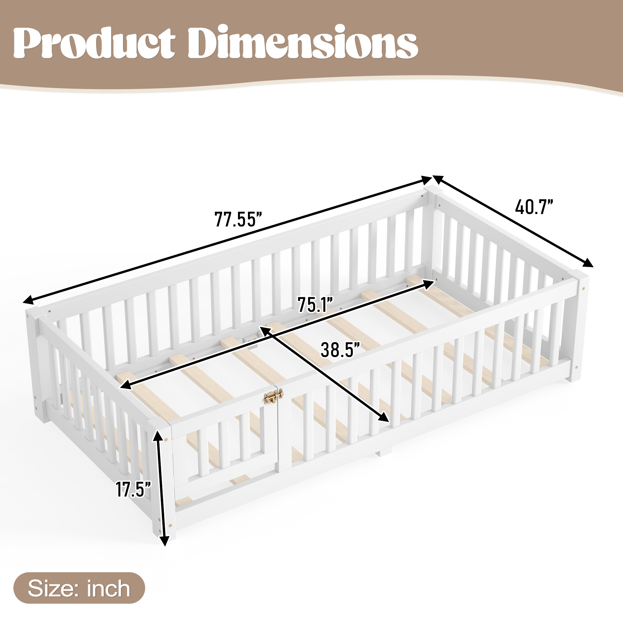 Twin Size Bed Floor Bed with Safety Guardrails and Door for Kids, White - Image 6