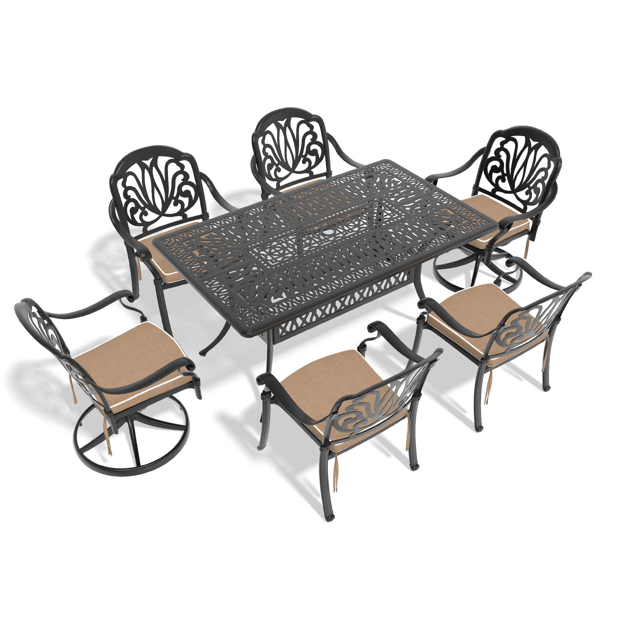 7-Piece All-Weather Cast Aluminum Dining Set, Include 2 Swivel Chairs,4 Dining Chairs and Rectangular Table With Black Frame - Image 3