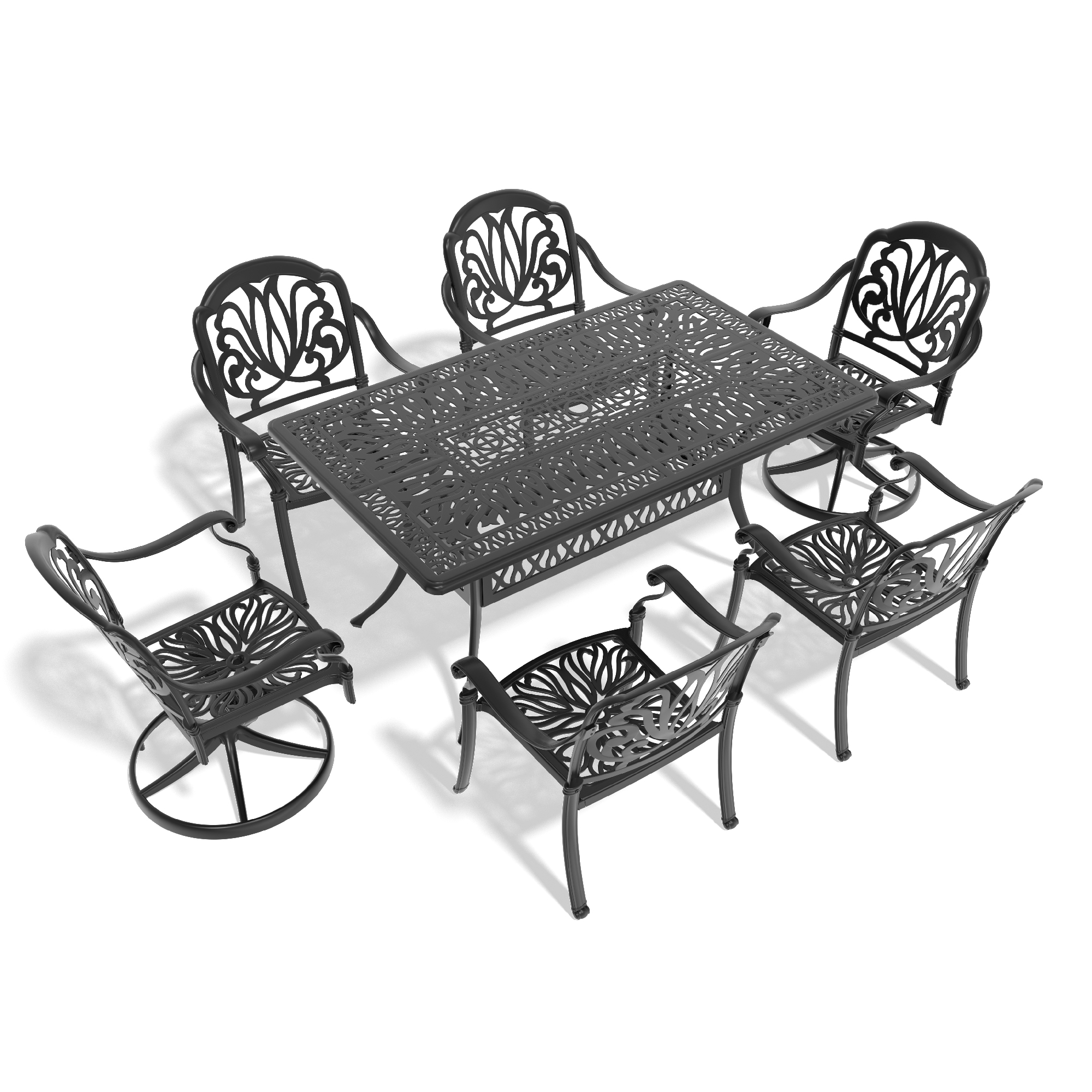 7-Piece All-Weather Cast Aluminum Dining Set, Include 2 Swivel Chairs,4 Dining Chairs and Rectangular Table With Black Frame - Image 2